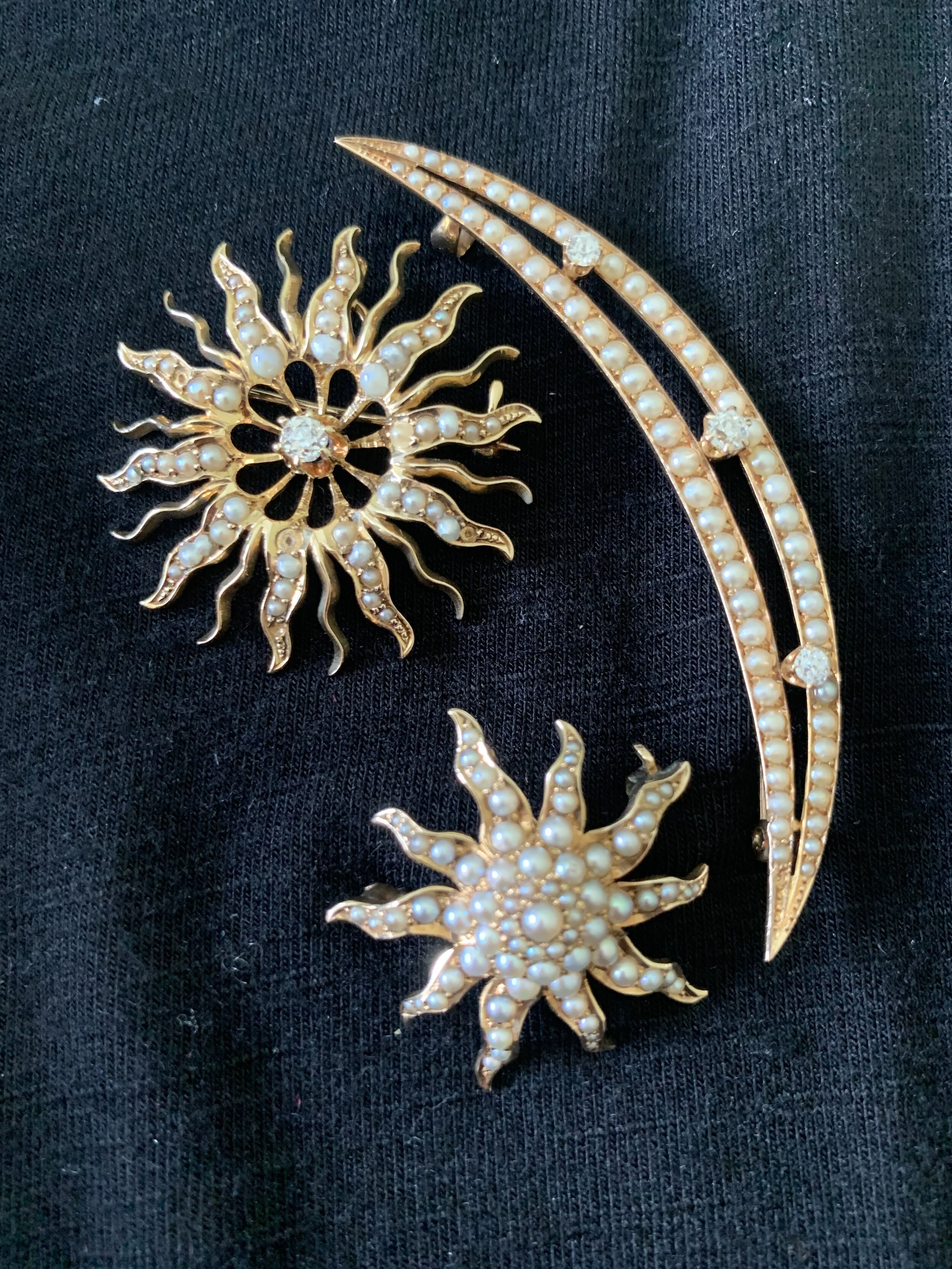 Celestial Pearl &amp; Diamond Brooches