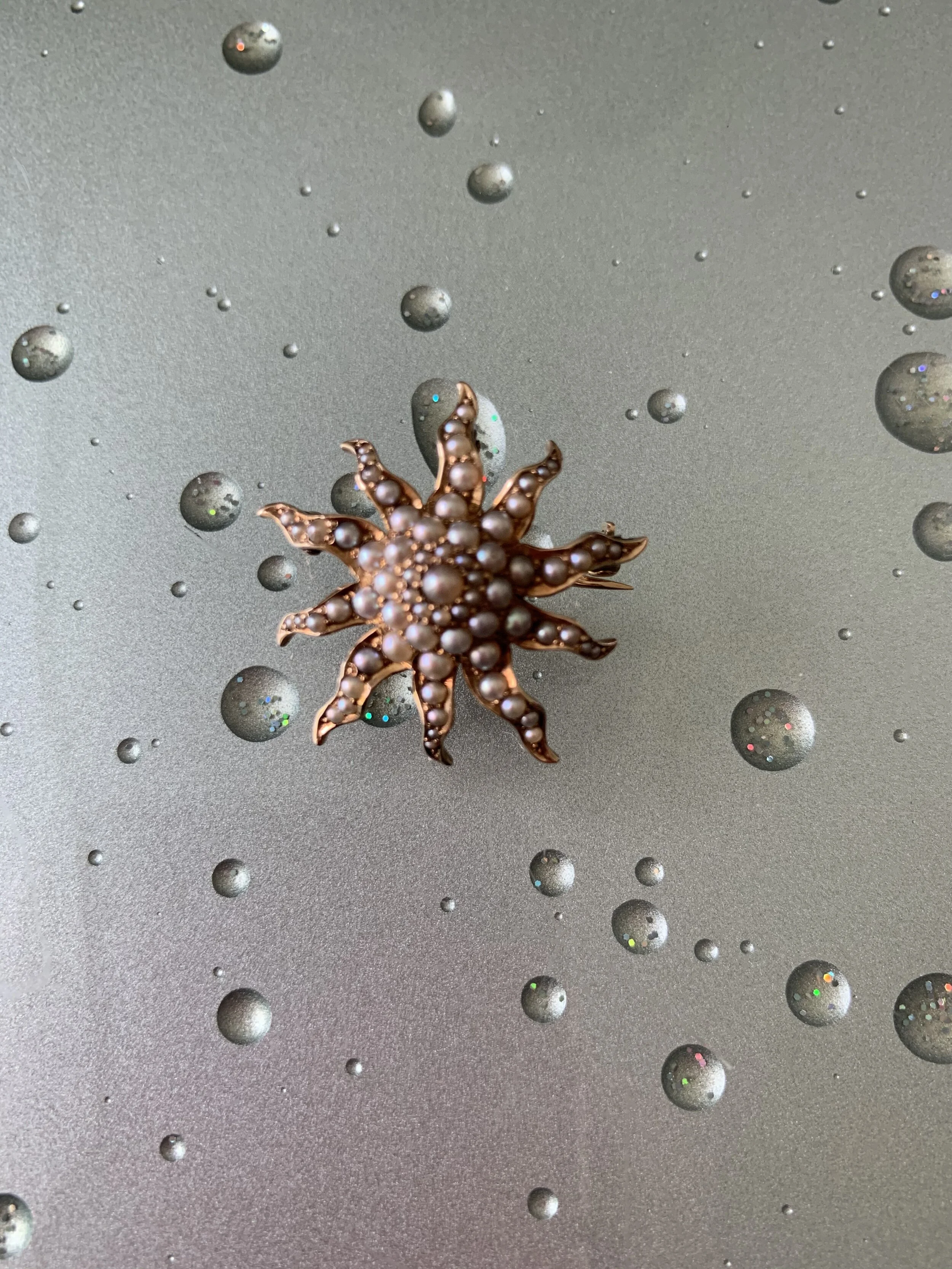 Antique Seed Pearl &amp; 14 Karat Gold Starburst Brooch