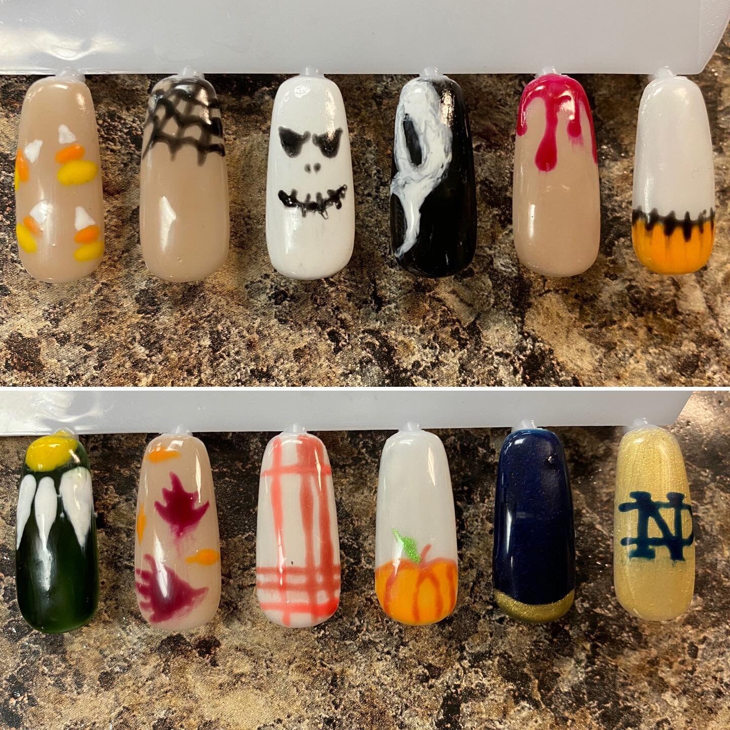 Autum Nail Art Designs by Libby! 🍂🍁
.
Book a Spa Gel Manicure with Libby and get two nail art designs included! 
.
Only $45, saving you $10
.
Call (574)256-1111 to book your appointment now! She still has availability for Friday (9/18) and Saturday
