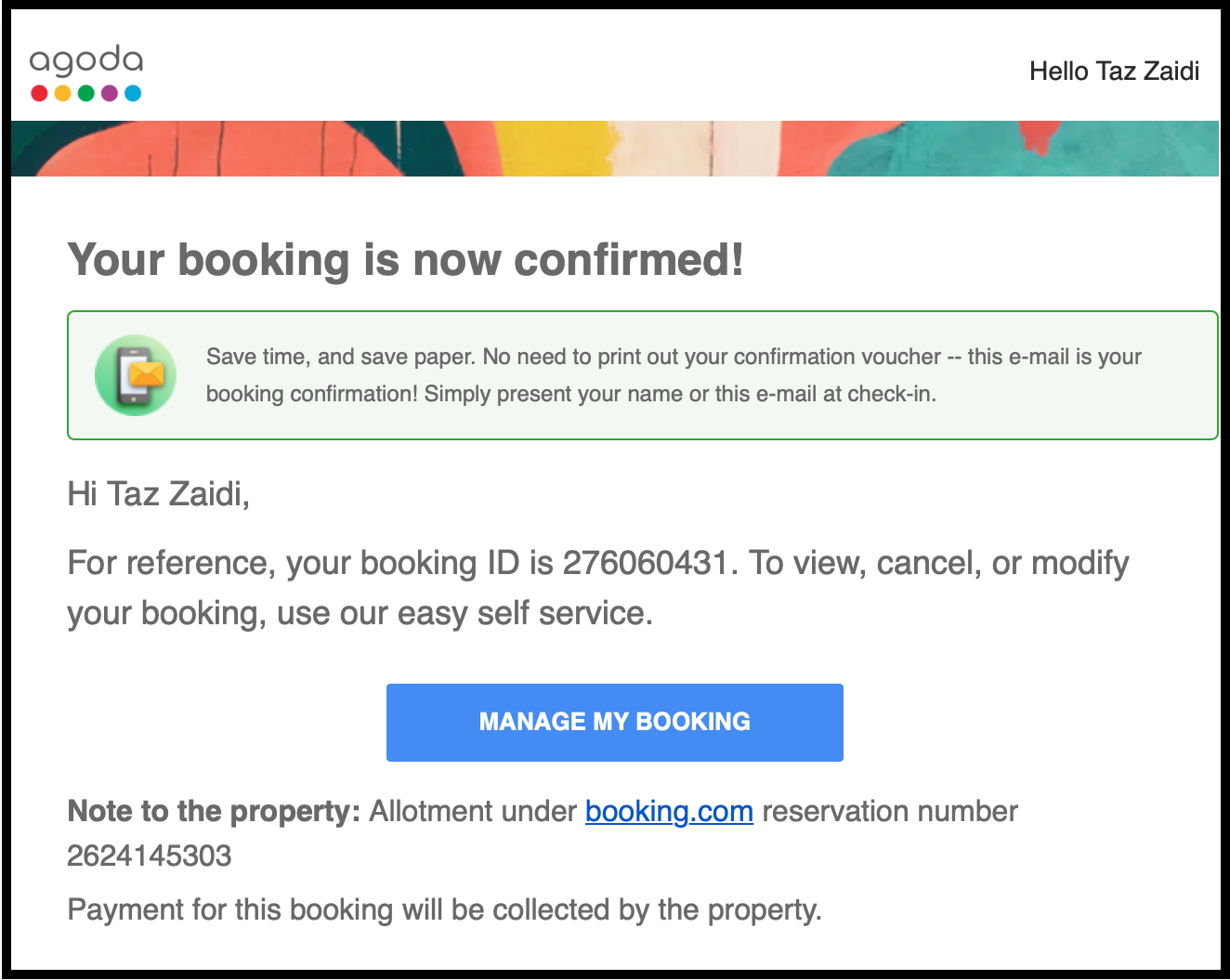Booking Confirmation email