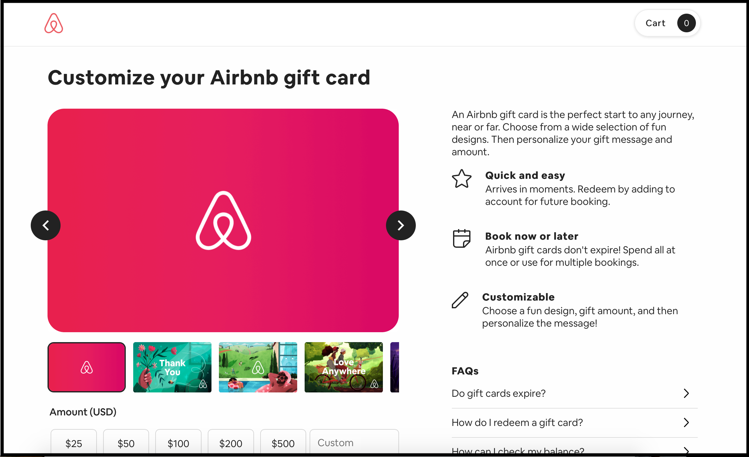 airbnb gift card customize page