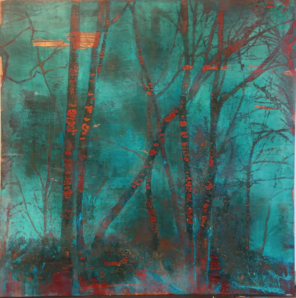   Tempest III , 2018, lithograph, encaustic on patinated copper, 30 x 30 inches, SOLD 