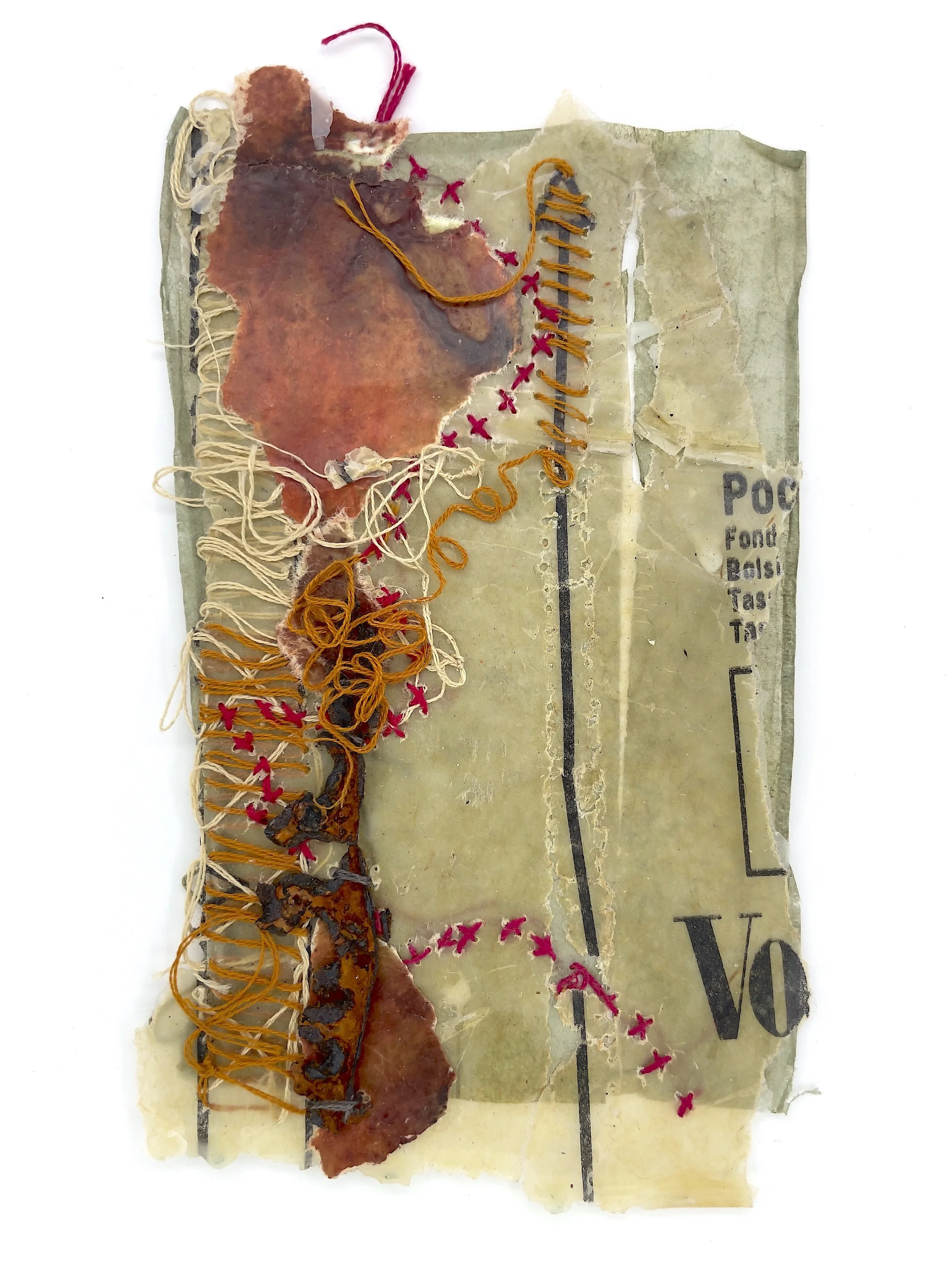 Marking Time 16 , 2023, vogue pattern, encaustic monotype, rusted metal, thread, stained teabag, 5.5 x 3.25 inches (unframed), 11.25 x 9.25 inches (framed), $475. (framed)