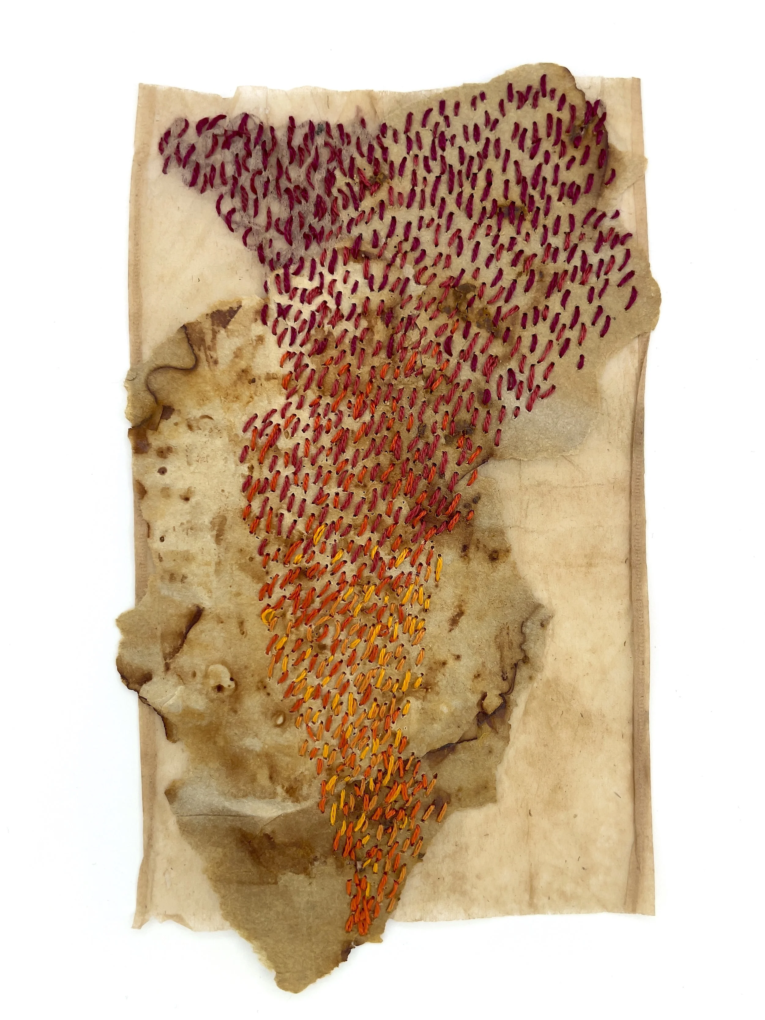 Marking Time 76 , 2023, rusted paper, thread, teabag, 5.5 x 3.25 inches (unframed), 11.25 x 9.25 inches (framed), $475. (framed)