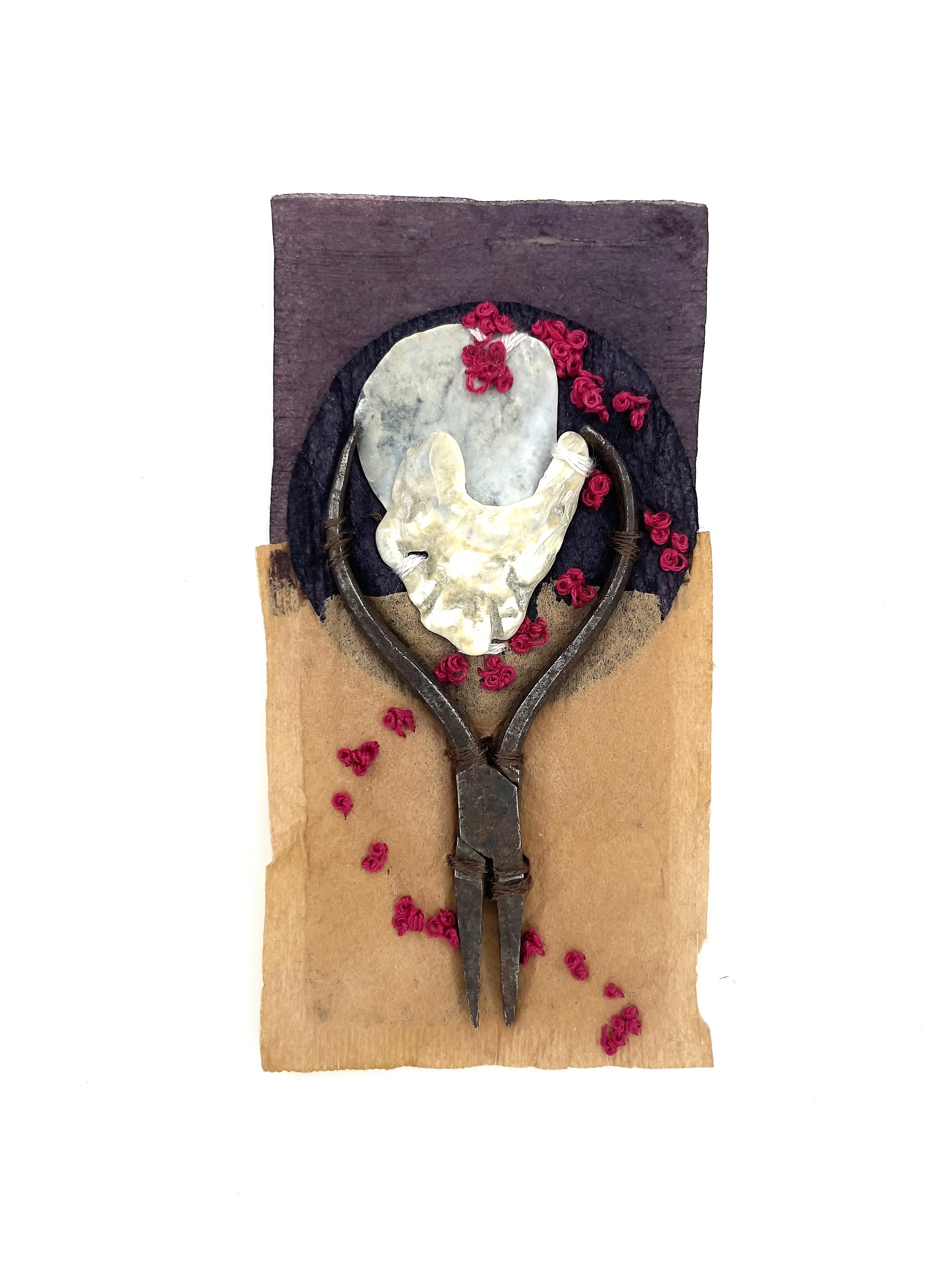 Marking Time 79 , 2023, rusted pliers, shells, thread, oak gall and sunflower ink dyed teabags, 5.5 x 3.25 inches (unframed), 11.25 x 9.25 inches (framed), $475. (framed)