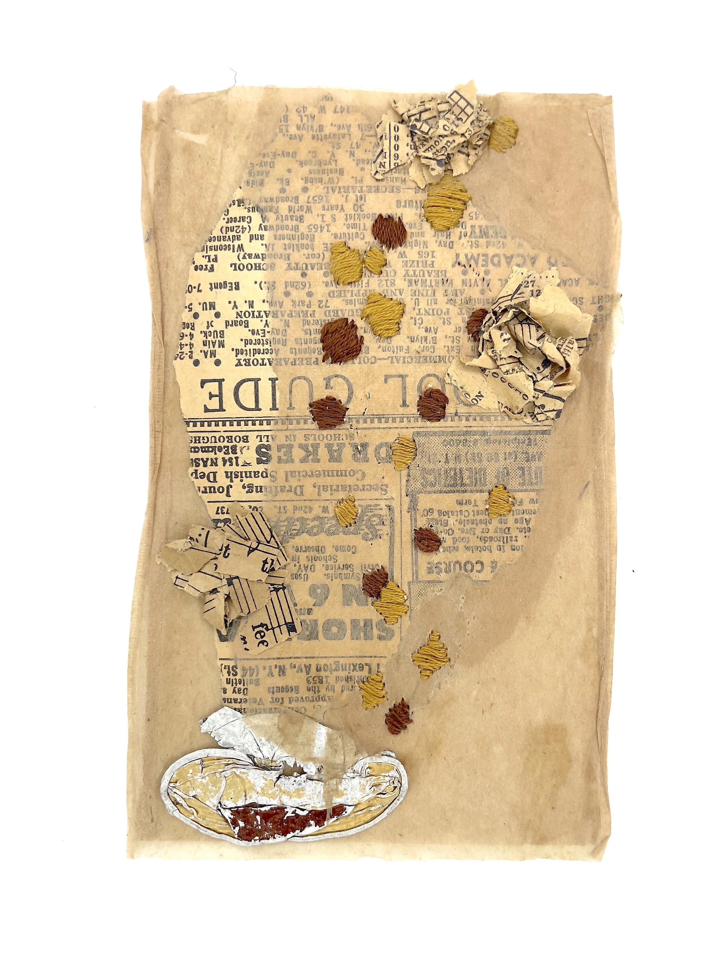 Marking Time 81 , 2023, metal, vintage newspaper, thread, teabag, 5.5 x 3.25 inches (unframed), 11.25 x 9.25 inches (framed), $475. (framed)