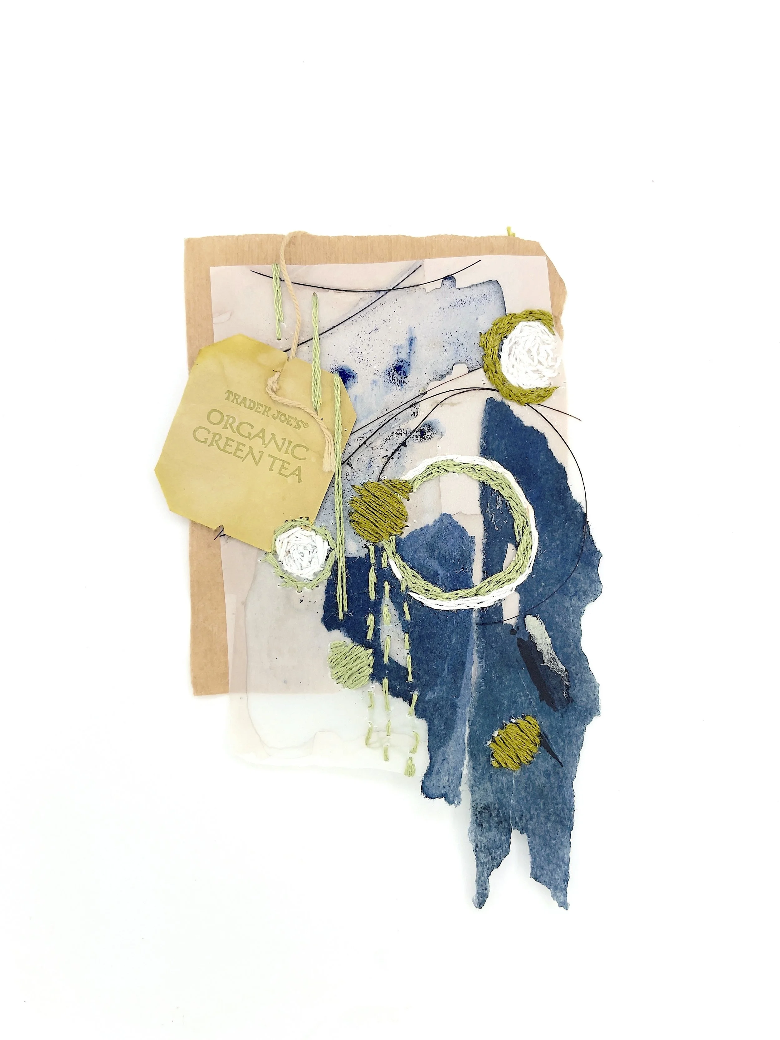 Marking Time 87 , 2023, watercolor on duralar, paper, horse hair, monotype, thread, teabag, 3 x 2.75 inches (unframed), 11.25 x 9.25 inches (framed), $475. (framed)
