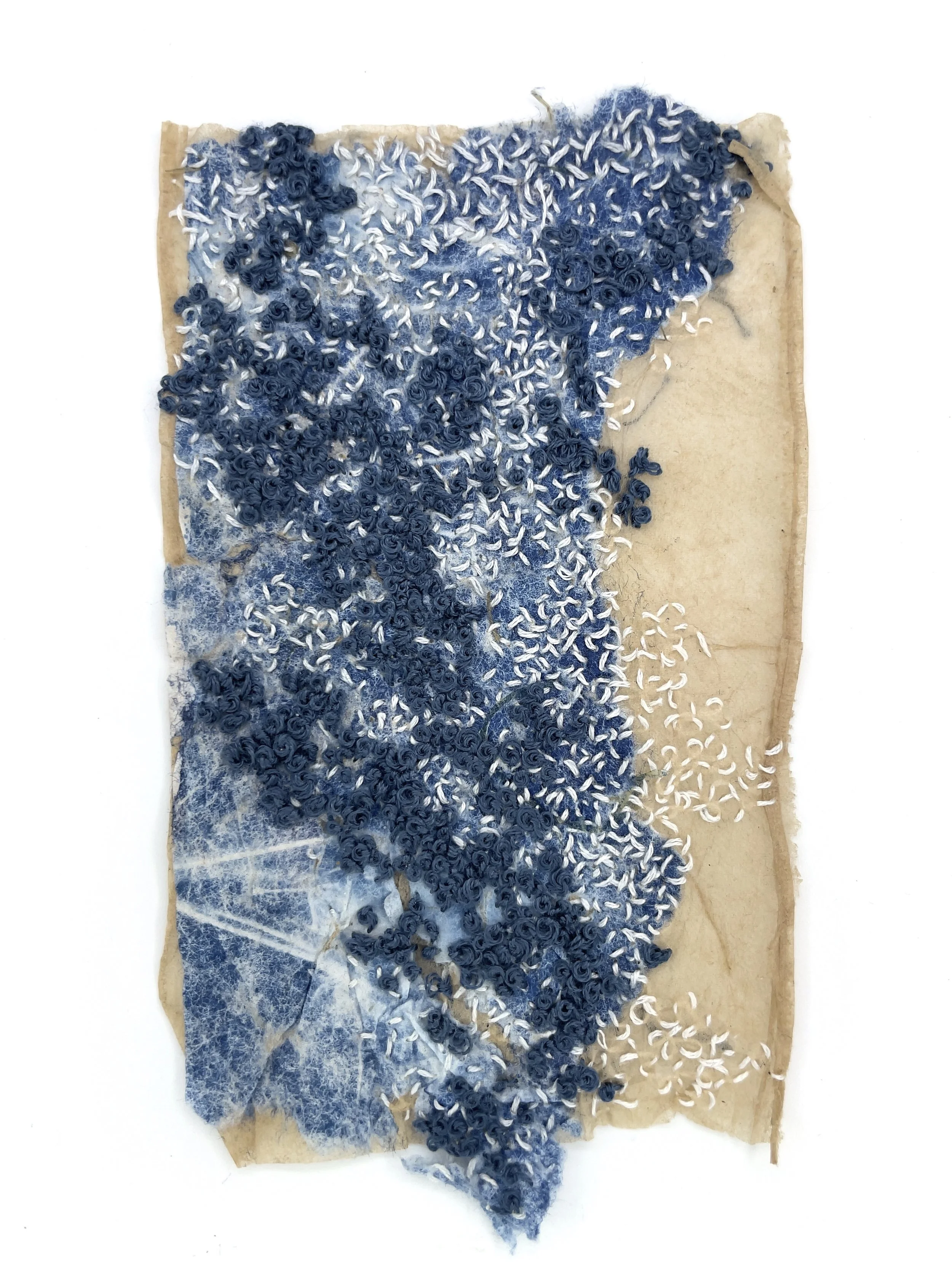 Marking Time 88 , 2023, cyanotype, thread, teabag, 5.5 x 3.25 inches (unframed), 11.25 x 9.25 inches (framed), $475. (framed)