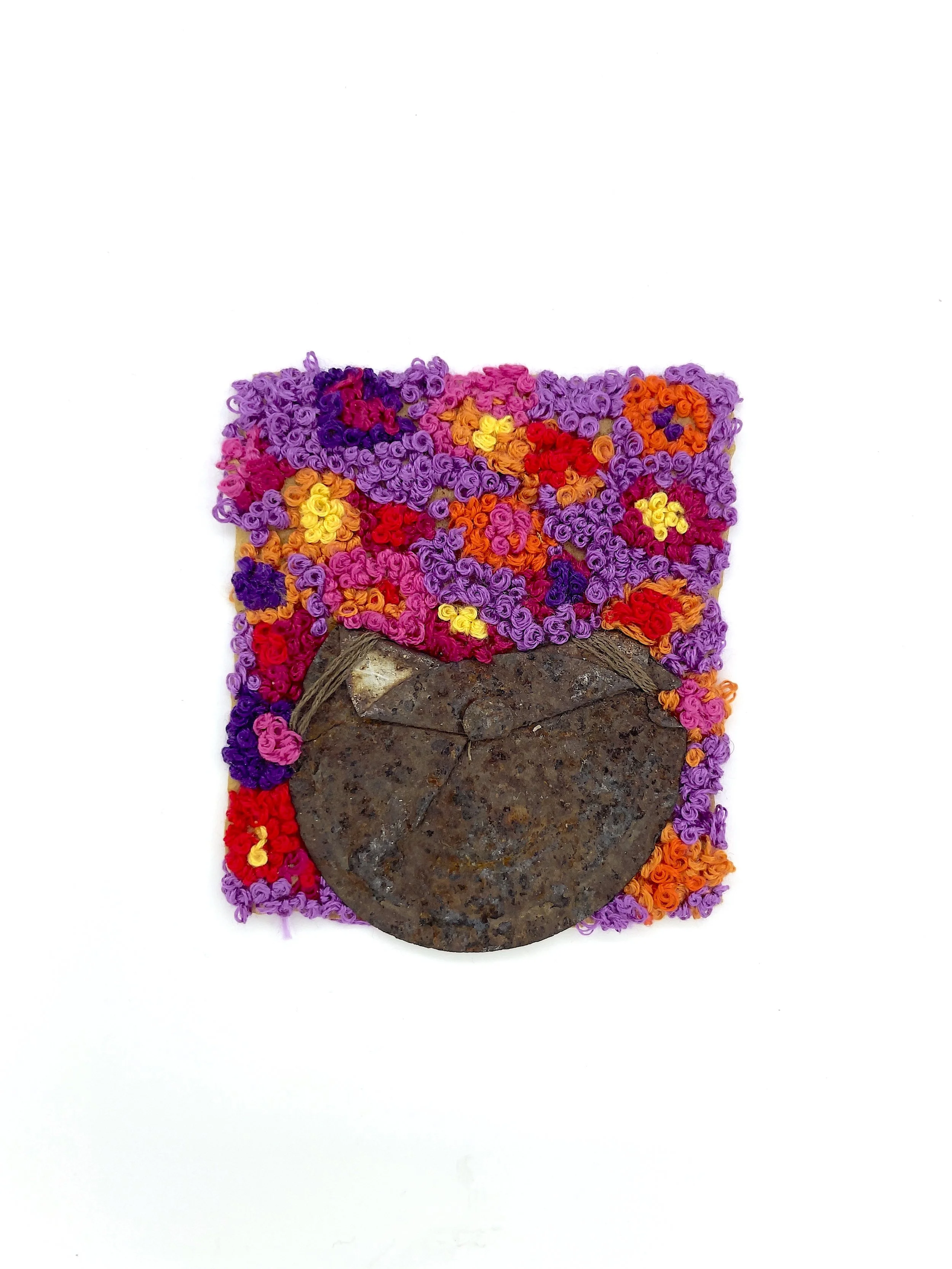 Marking Time 91 , 2023, rusted metal, thread, teabag, 3 x 2.75 inches (unframed), 11.25 x 9.25 inches (framed), $475. (framed)