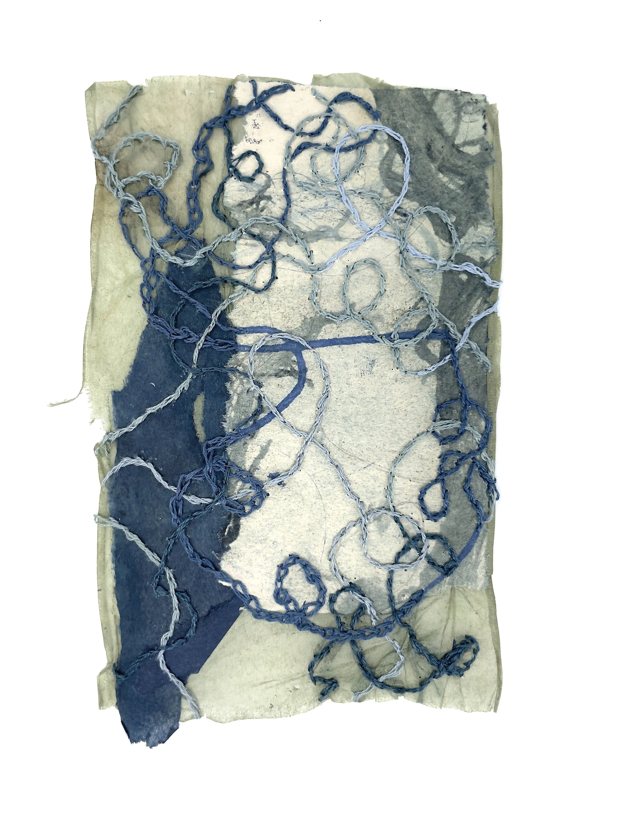 Marking Time 90 , 2023, handmade paper, monotype, thread, ink stained teabag, 5.5 x 3.25 inches (unframed), 11.25 x 9.25 inches (framed), $475. (framed)