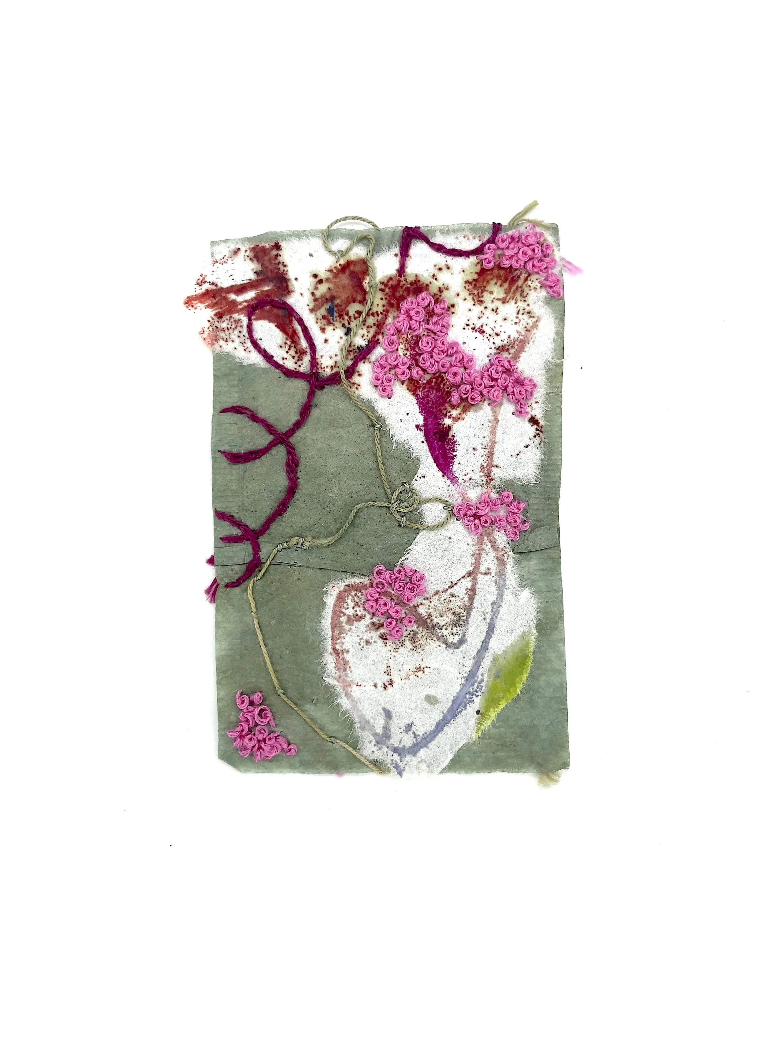 Marking Time 93 , 2023, encaustic monotype, thread, ink stained teabag, 5.5 x 3.25 inches (unframed), 11.25 x 9.25 inches (framed), $475. (framed)