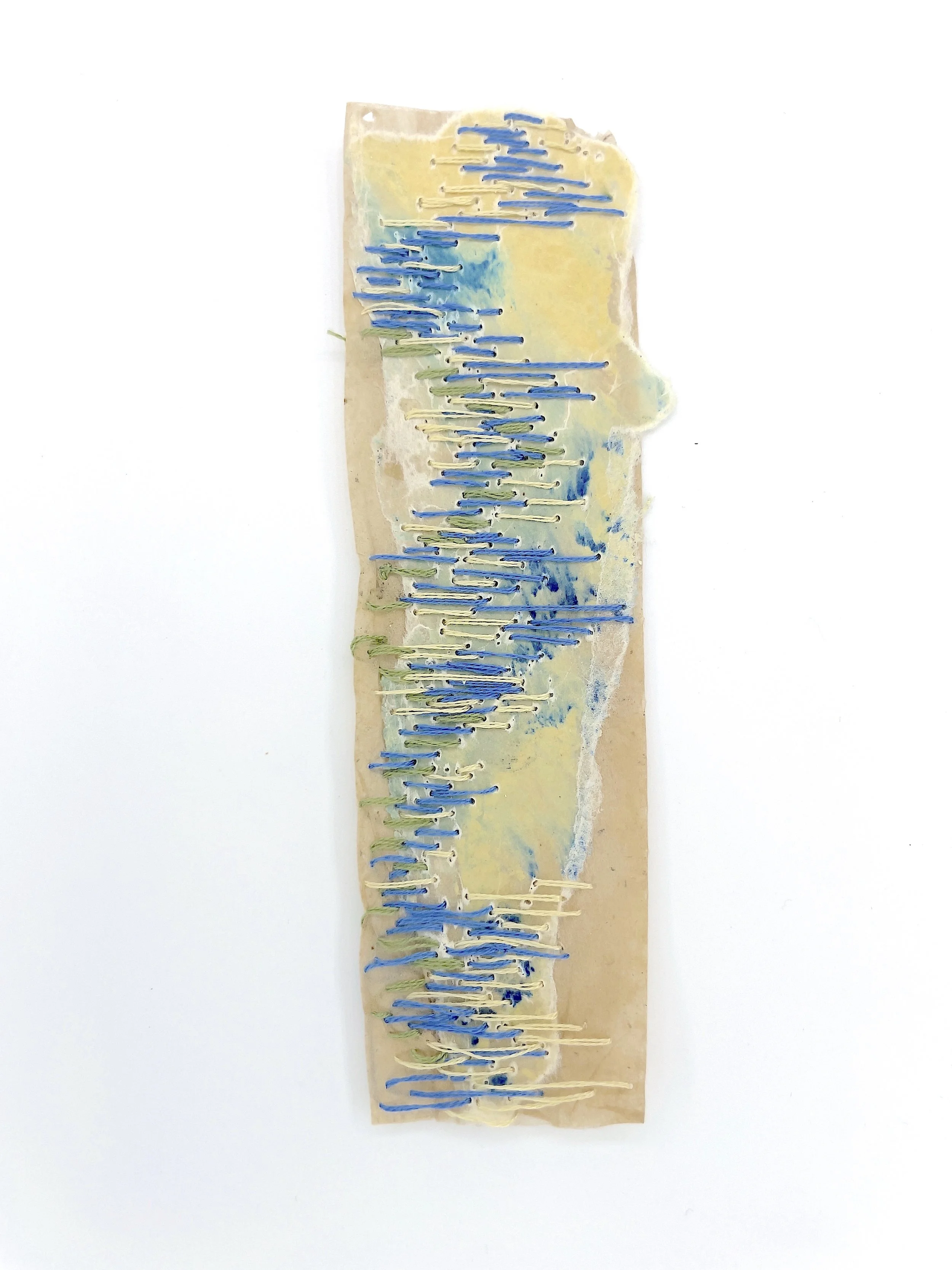 Marking Time 95 , 2023, encaustic monotype, thread, teabag, 5.75 x 1.75 inches (unframed), 11.25 x 9.25 inches (framed), $475. (framed)