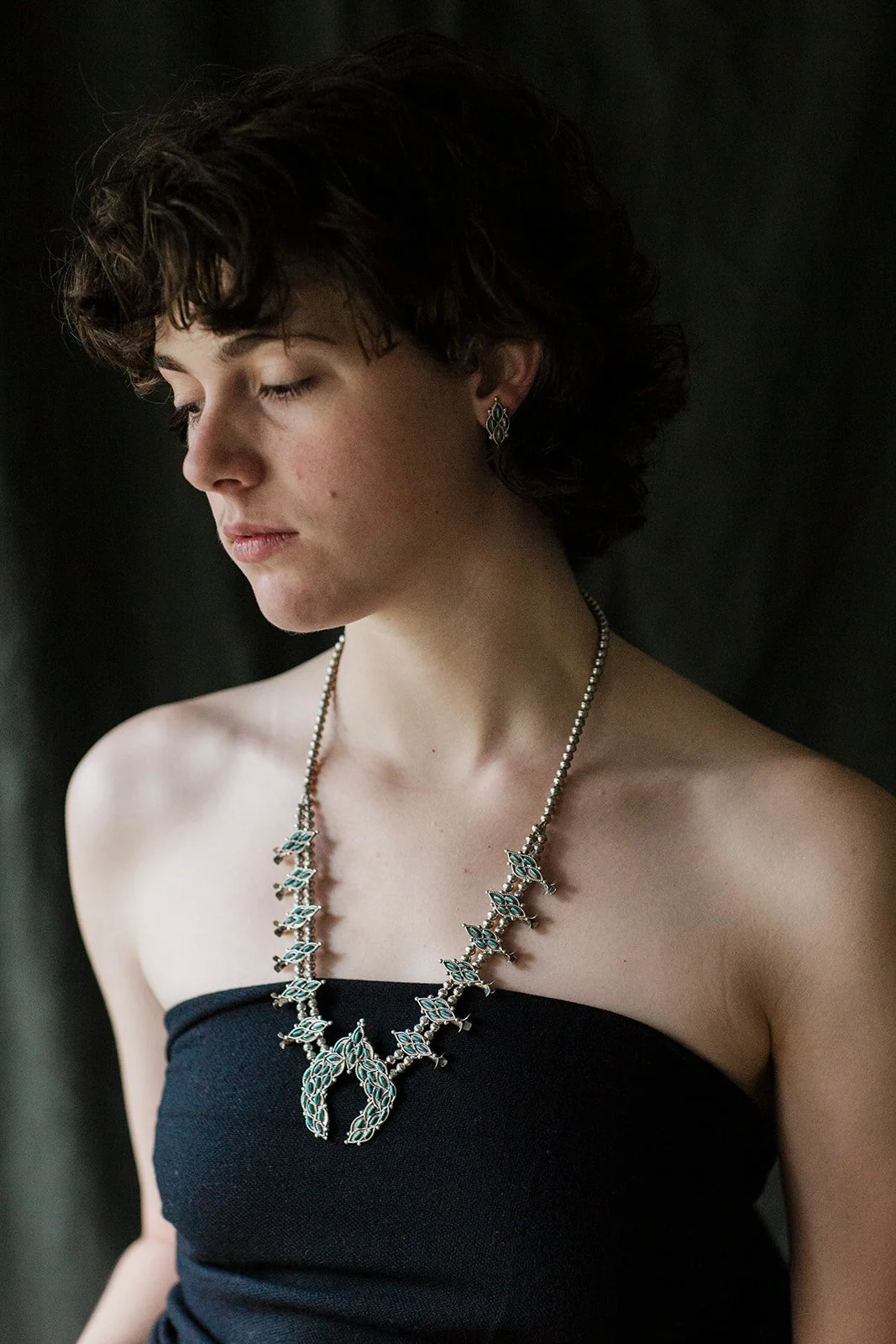 Necklace and Earring Set: Zuni Loretta Maetza Needlepoint Squash Blossom