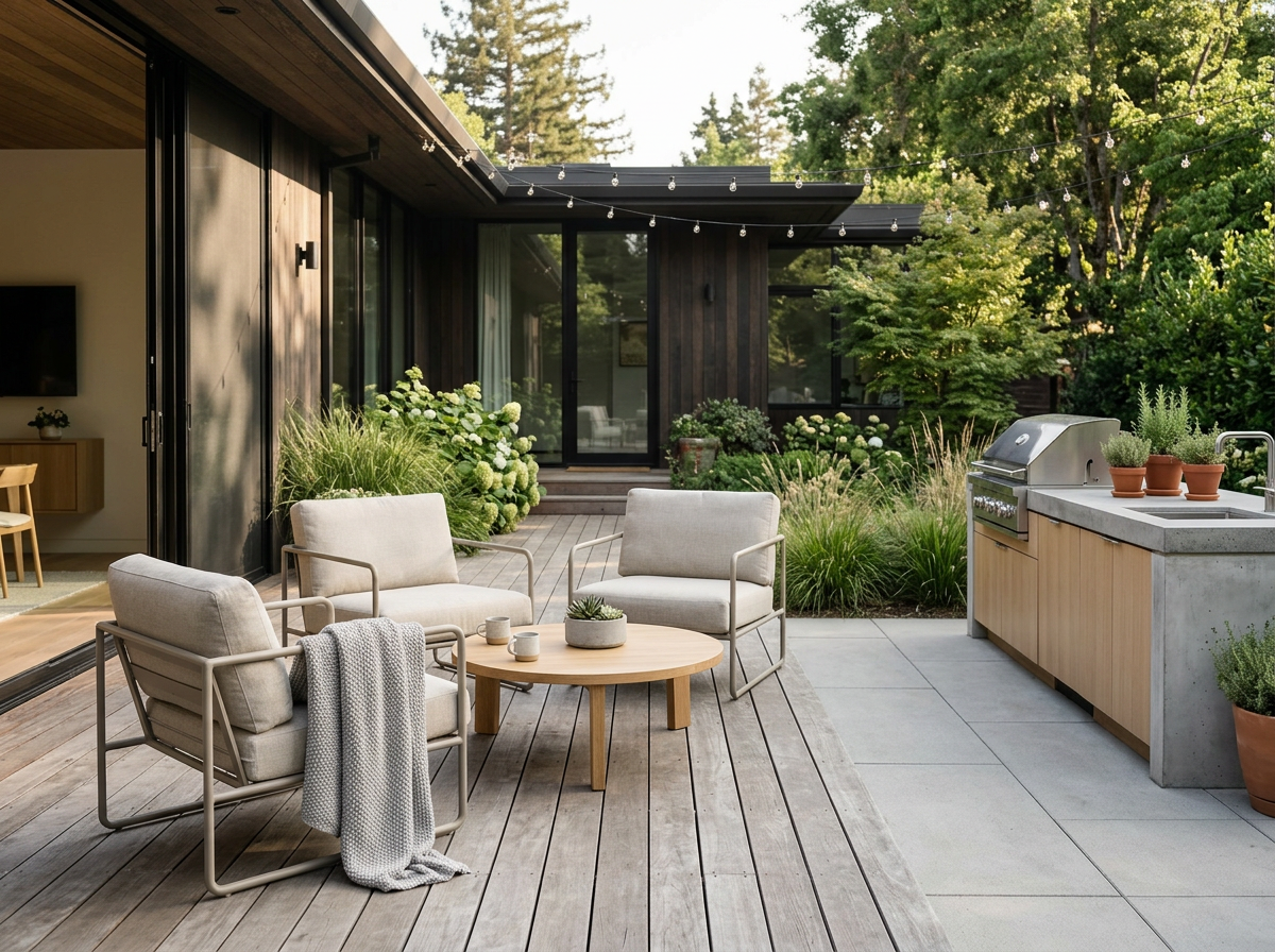 Outdoor patio area with four light-colored cushioned chairs around a round wooden table, potted plants, and a built-in outdoor grill. The patio is connected to a modern house with large glass sliding doors and a wooded area in the background.