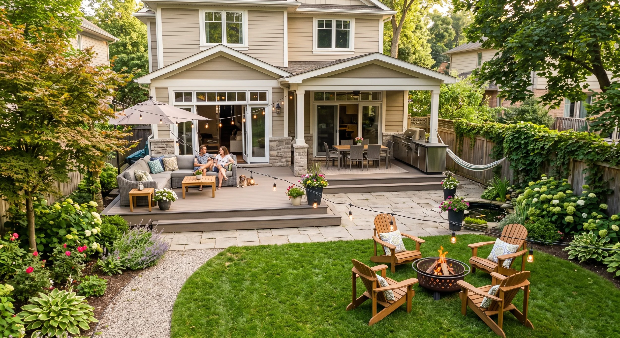 Backyard patio with outdoor furniture, string lights, grill, garden, and fire pit with Adirondack chairs, trees,