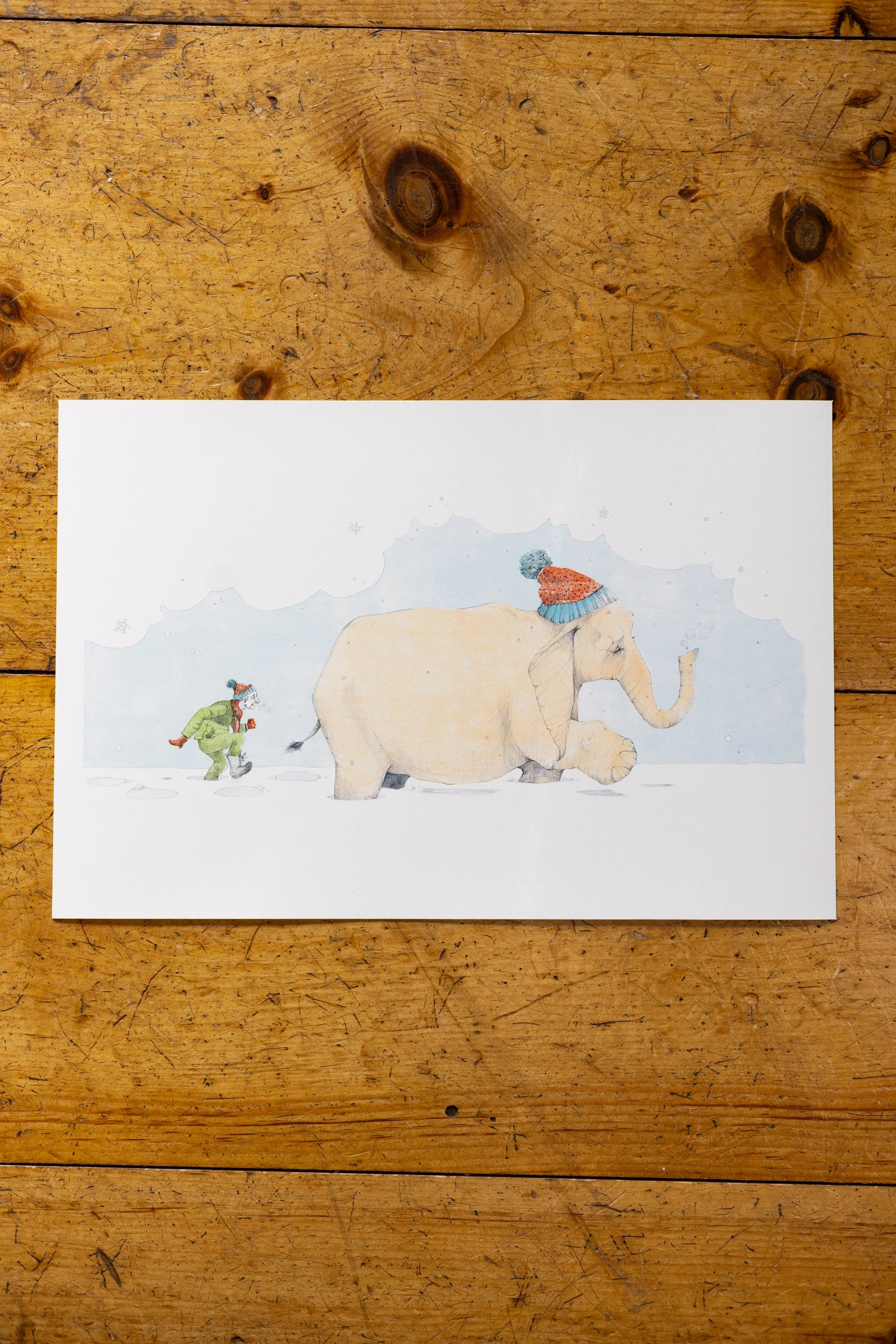 print: amos & elephant in the snow