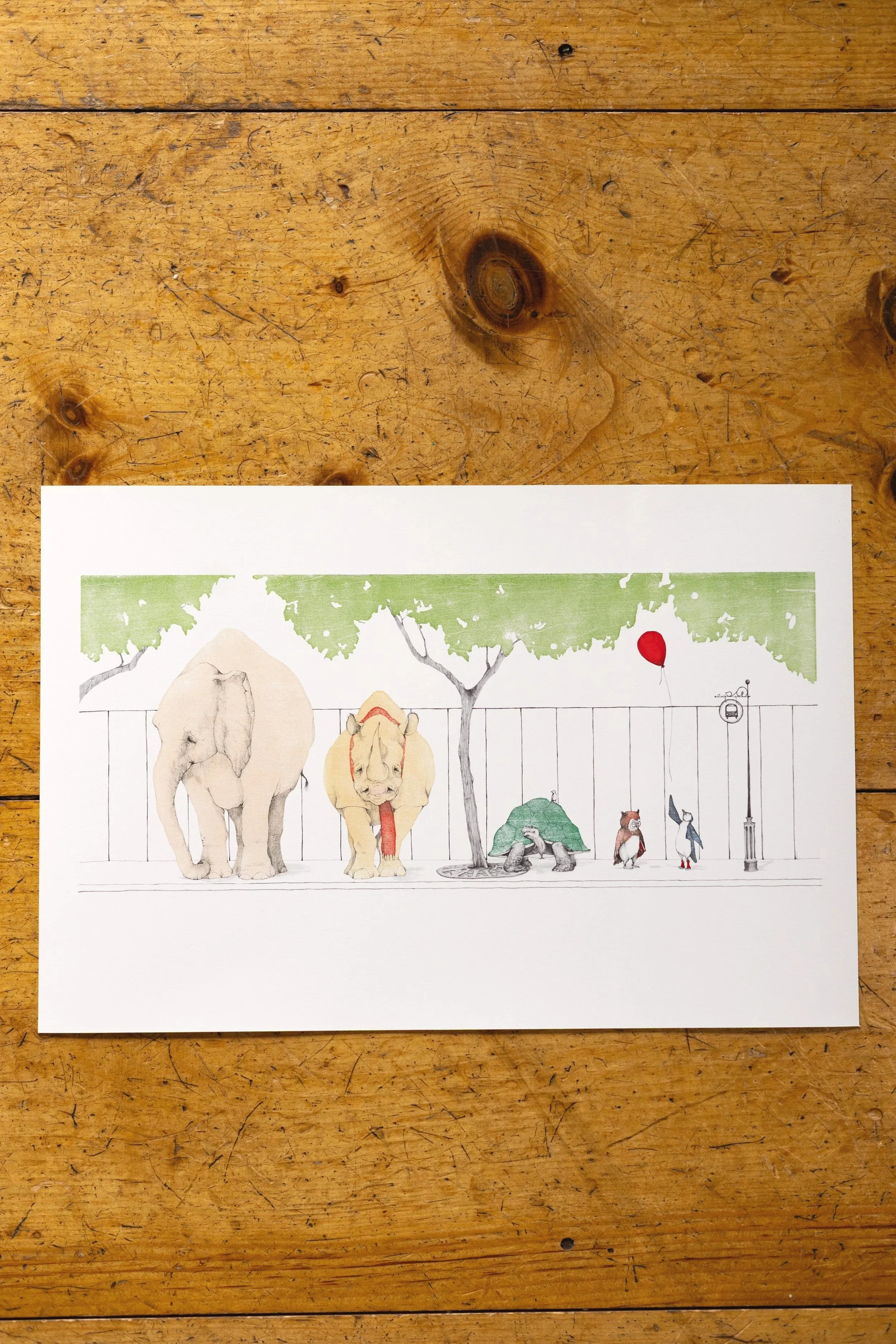 print: animals waiting for the bus