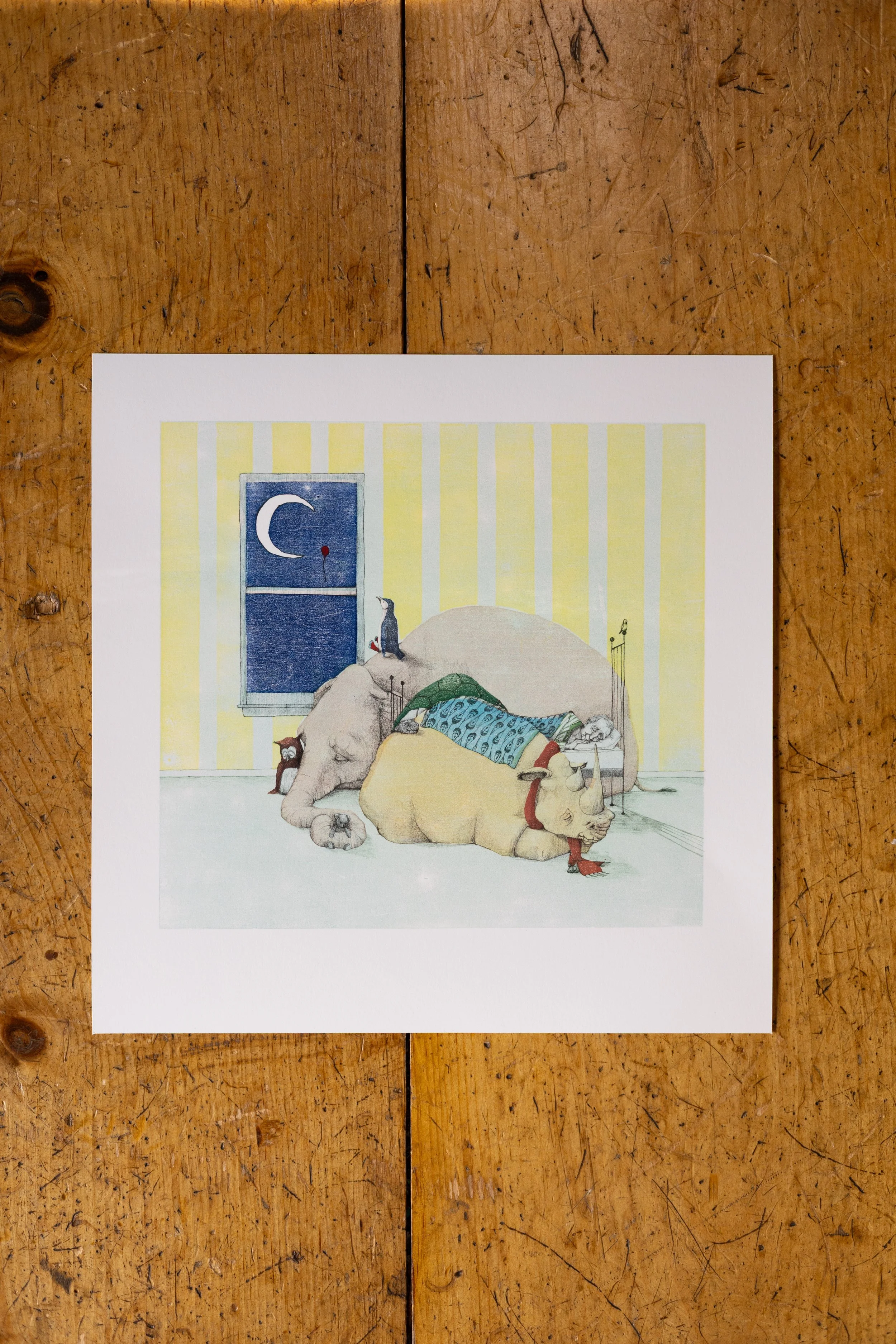 print: animals with amos in bed