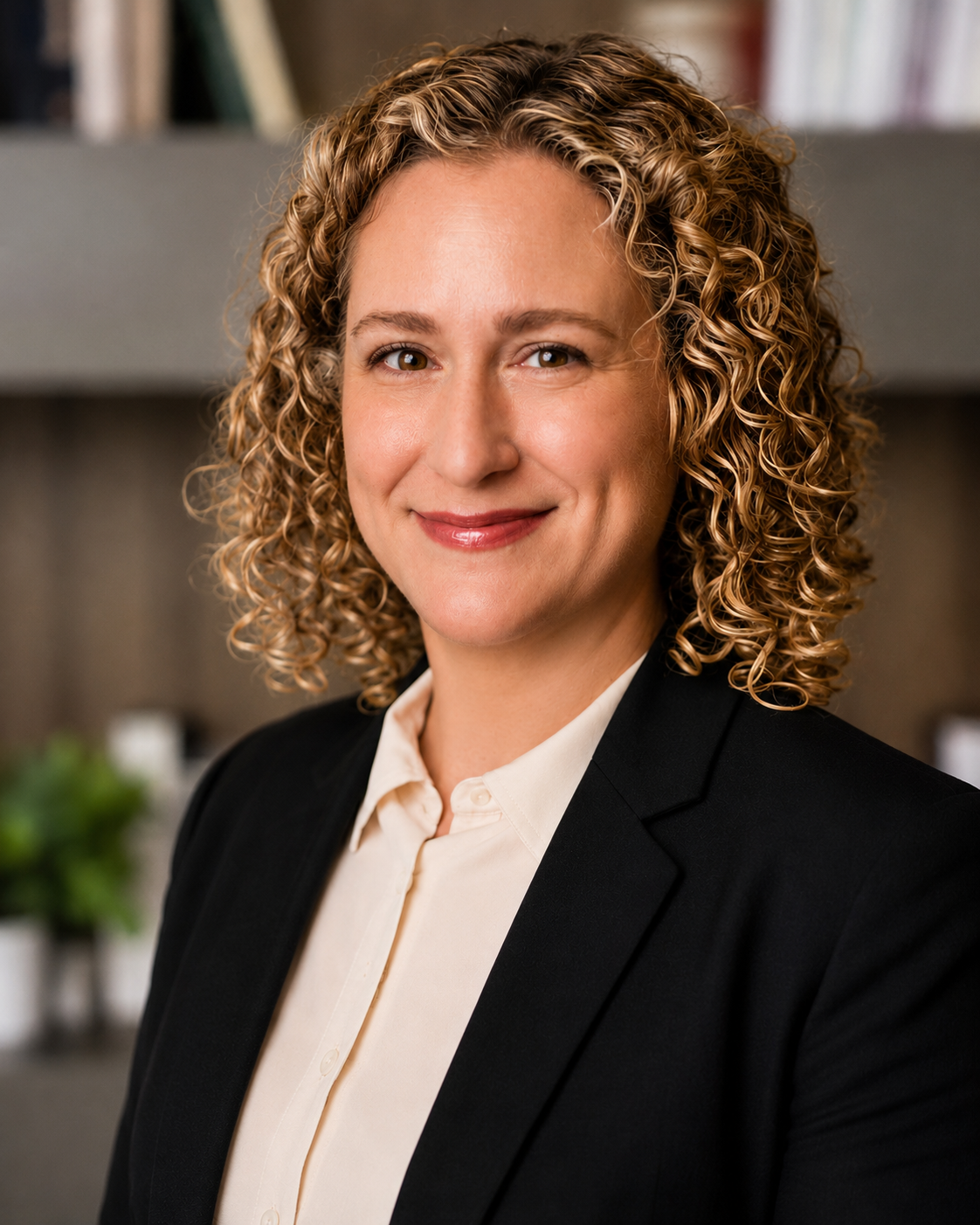 Professional woman with curly blonde hair wearing a black blazer and white shirt, smiling in an office setting.