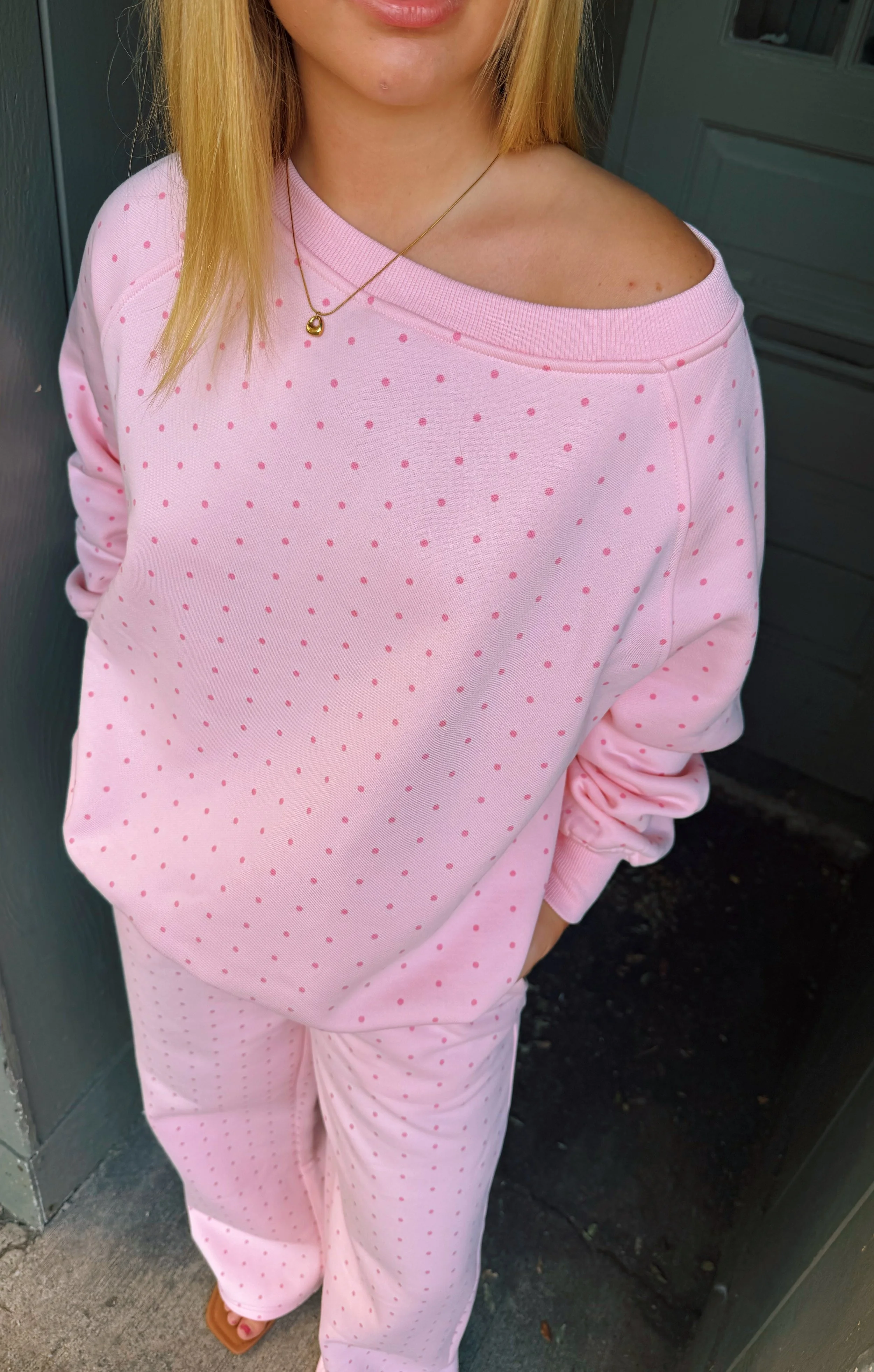 Off-the-Shoulder Polka Dot Sweatshirt