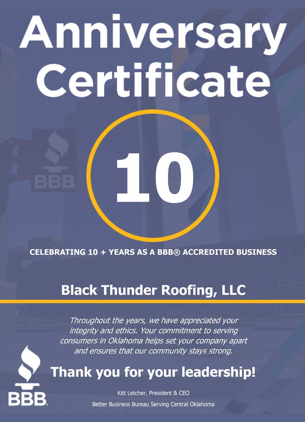 BBB A+ Rated Roofer 10 Years Running in Oklahoma