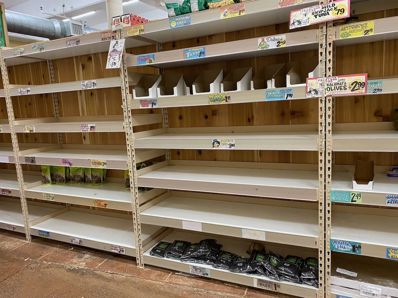 Trader Joe’s a couple of days before the shelter in place order came through. It looks worse than it is… stores have been diligent about restocking.