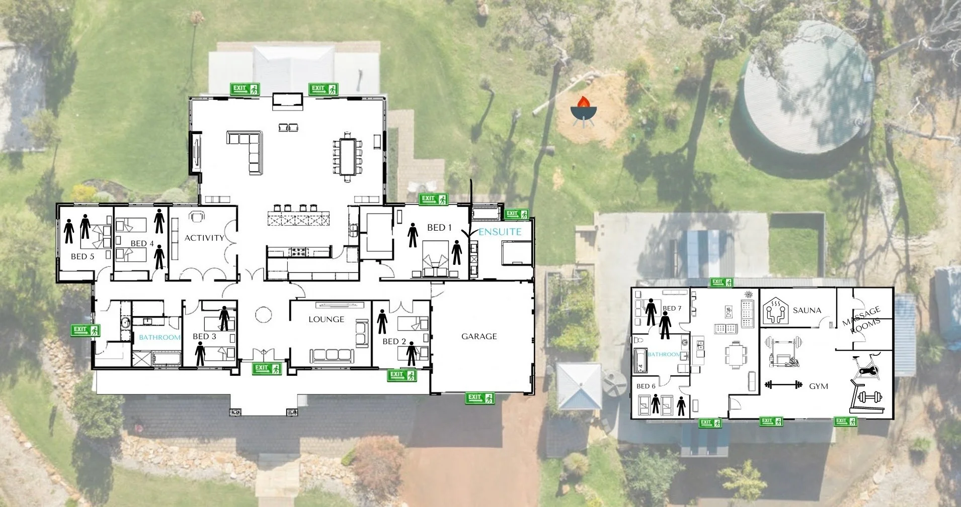 Floor plan of Heartbeat Retreat showing the five-bedroom main house and detached two-bedroom studio near Dunsborough