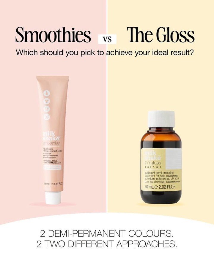 Not all demi-permanents work the same way. 👀​

Smoothies and The Gloss use different technologies and offer colourists different possibilities.​
Intensity and control, or shine and lightness?​

The secret is to choose the formula that delivers the r