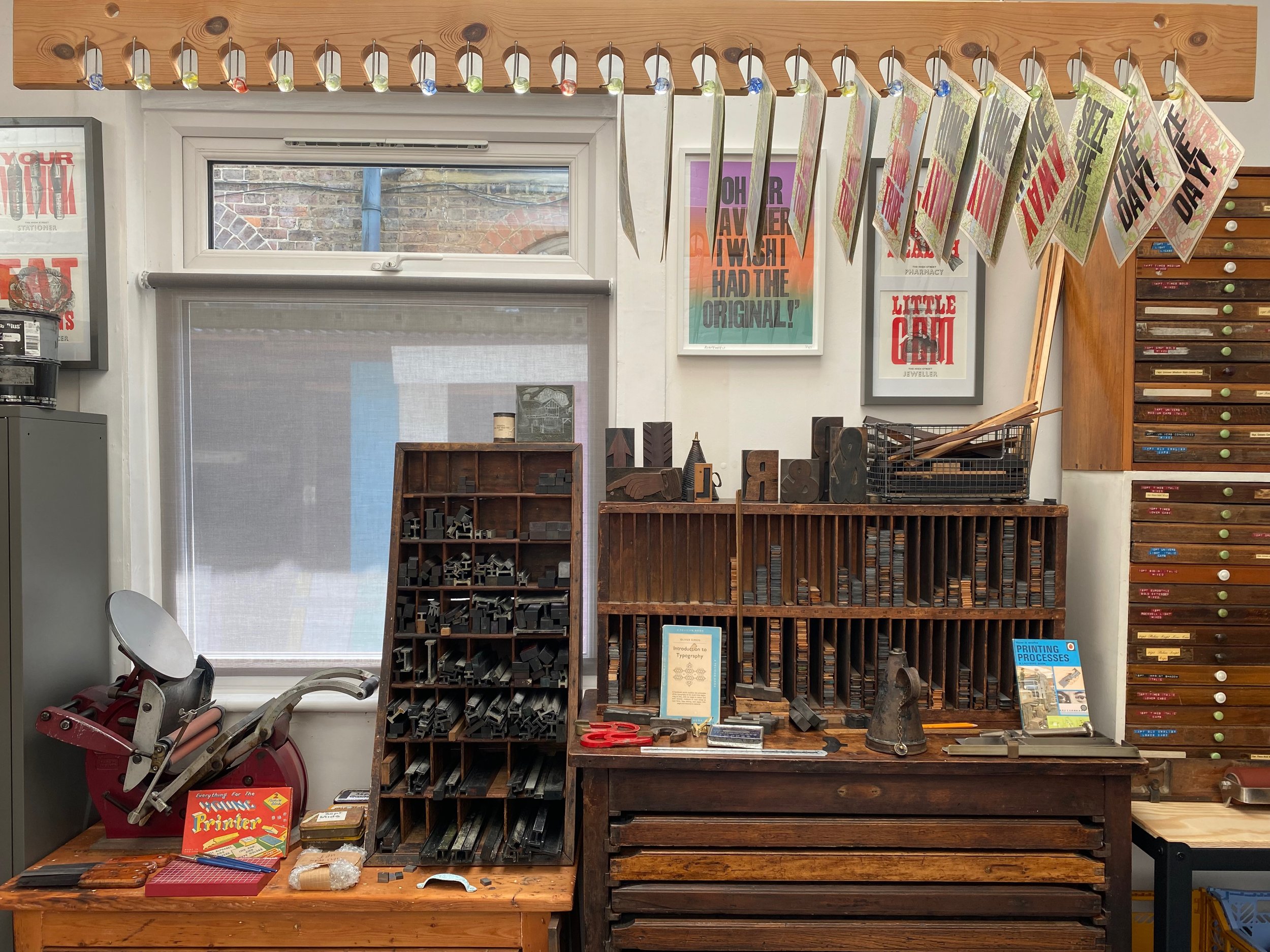 Letterpress furniture, leading cabinet and 24 marble drying rack