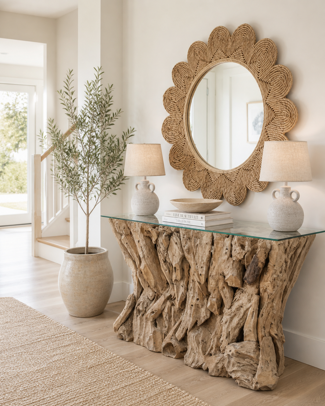 Rustic Teak & Glass Console Table