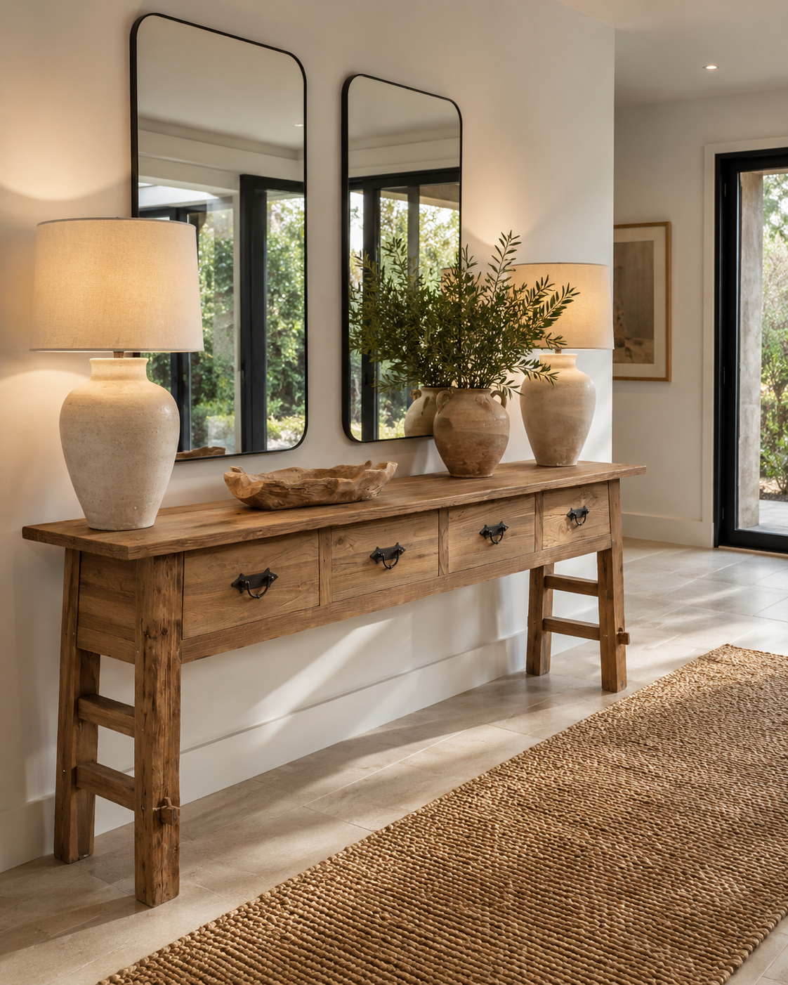 Rustic Teak Four Drawer Console Table
