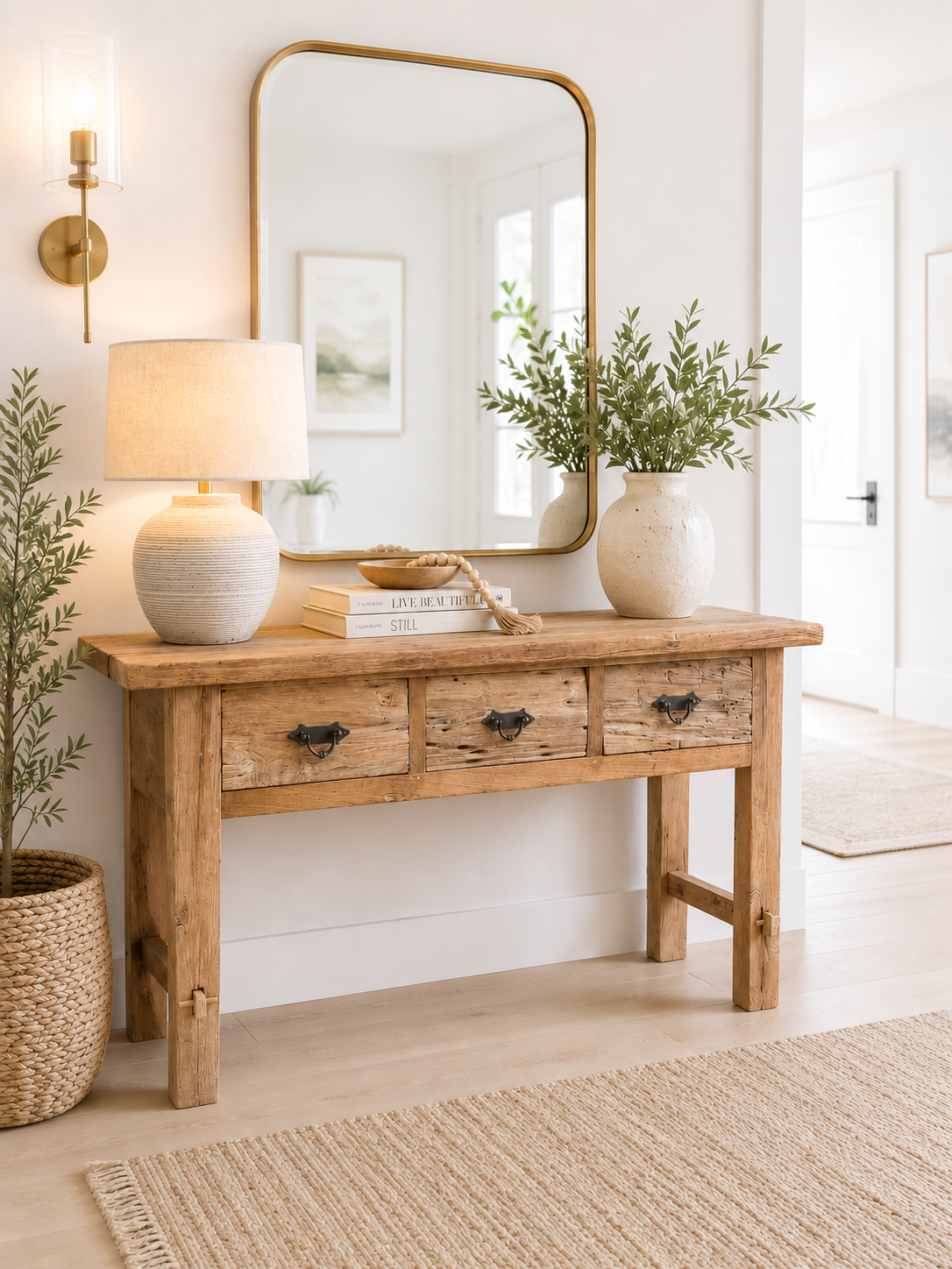 Rustic Knarly Teak Console Table with Three Drawers