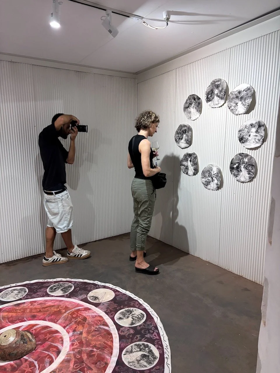  Radical Futures 'Walk with me' installation view: Labyrinth (floor) and Run, sweat and years (wall: body prints) 