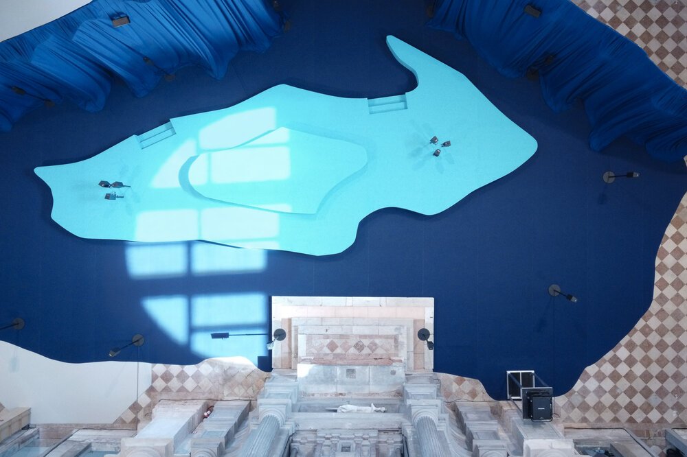   Answer to the Call  (2021), Exhibition view at  The Soul Expanding Ocean #1: Taloi Havini , Ocean Space, Venice. Commissioned by TBA21—Academy and co-produced with Schmidt Ocean Institute, co-founded by Wendy Schmidt.   Image credit: gerdastudio 