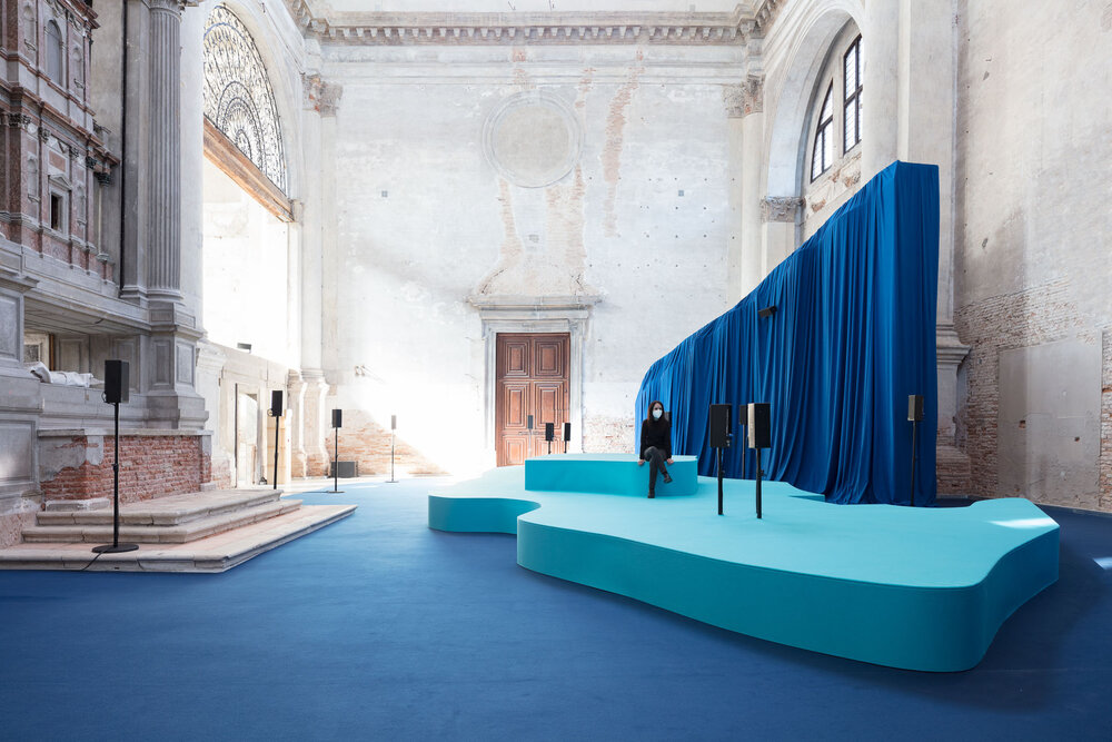   Answer to the Call  (2021), Exhibition view at  The Soul Expanding Ocean #1: Taloi Havini , Ocean Space, Venice. Commissioned by TBA21—Academy and co-produced with Schmidt Ocean Institute, co-founded by Wendy Schmidt.   Image credit: gerdastudio 