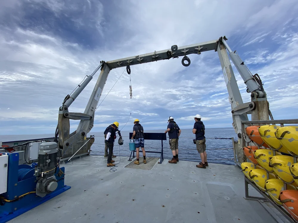  Seabed sampling on the R/V Falkor during her residency at Artist-At-Sea Program, Great Barrier Sea, December 2020.  The Soul Expanding Ocean #1: Taloi Havini  is commissioned by TBA—Academy and co-produced with Schmidt Ocean Institute, co-founded by