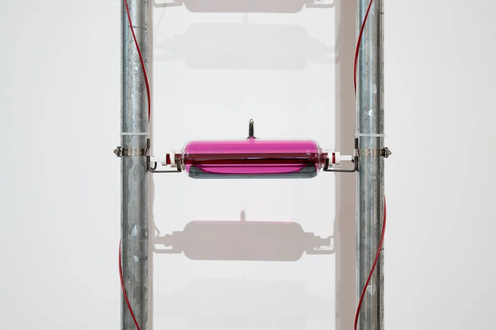 Hamad Butt 'Familiars 1: Substance Sublimation Unit' (detail), 1992.  Iodine under vacuum, glass, steel, infrared lamps, timing device, wiring. Display dimensions variable. 