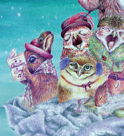 Een cartoonafbeelding van verschillende dieren met menselijke gezichtsuitdrukkingen, gekleed in winterkleding, zittend op sneeuw met een blauwe, glinsterende achtergrond.