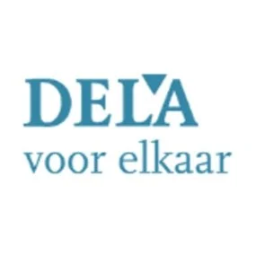 The image shows the logo of DELA with the text 'voor elkaar' underneath, which is Dutch for 'for each other.'