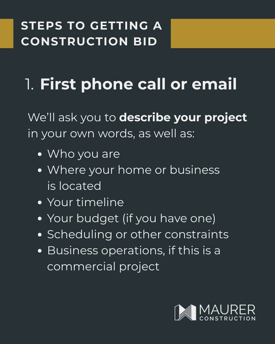 Every project is unique, but these are the steps we take to create a bid for most of our commercial and residential construction jobs. The full scope of our bidding process (including details other contractors don't normally share) is up on our websi