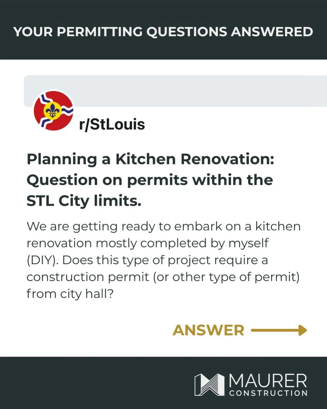 Answering some of Reddit&rsquo;s most asked questions on permitting in St. Louis.

Check out our blog for even more info. 🔗buildmaurer.com