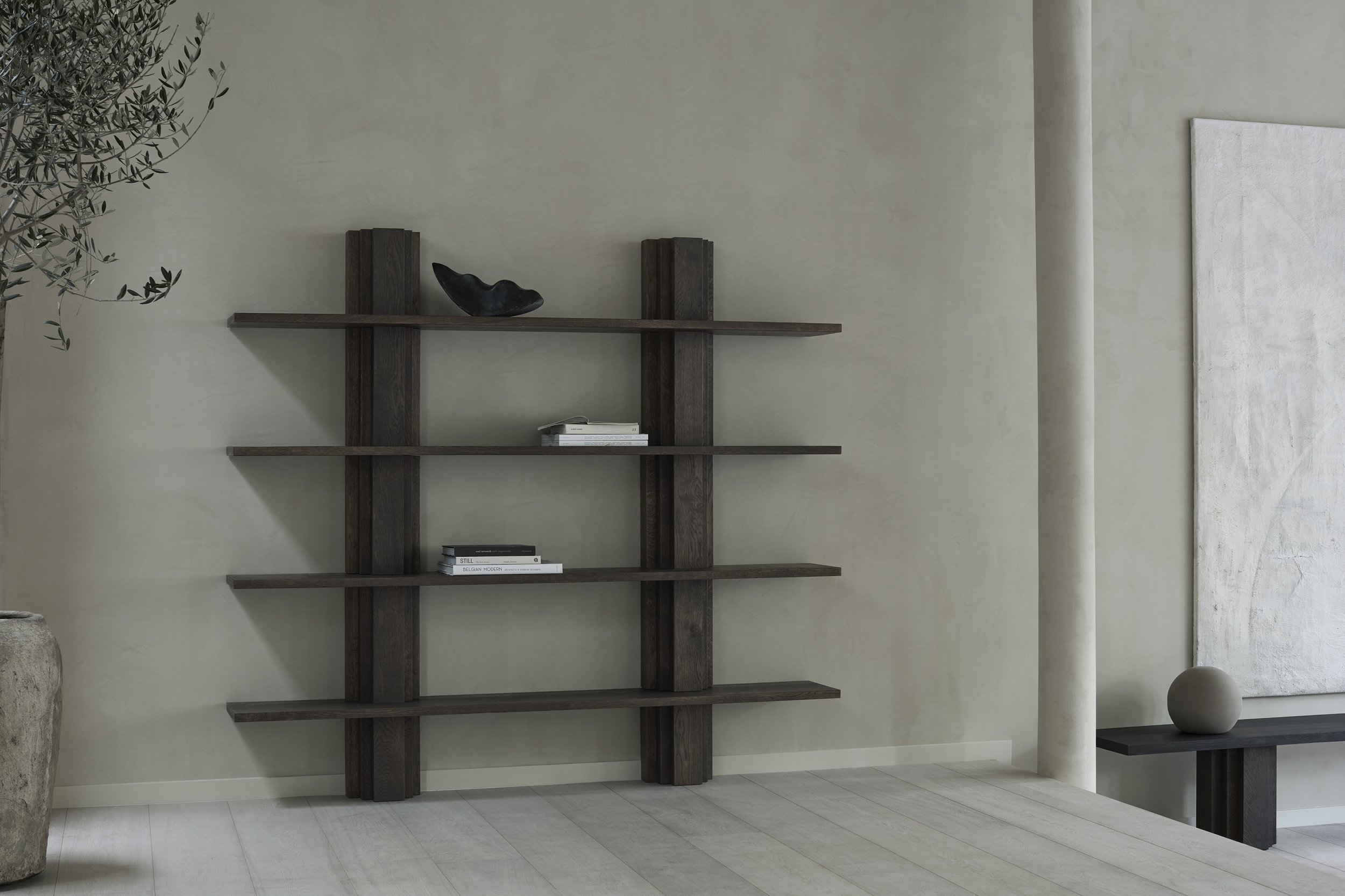 Brut Shelving Unit - Oak Dark Brown- Full - styled setting - Achtergracht - photo by Thomas van Schaik.jpg