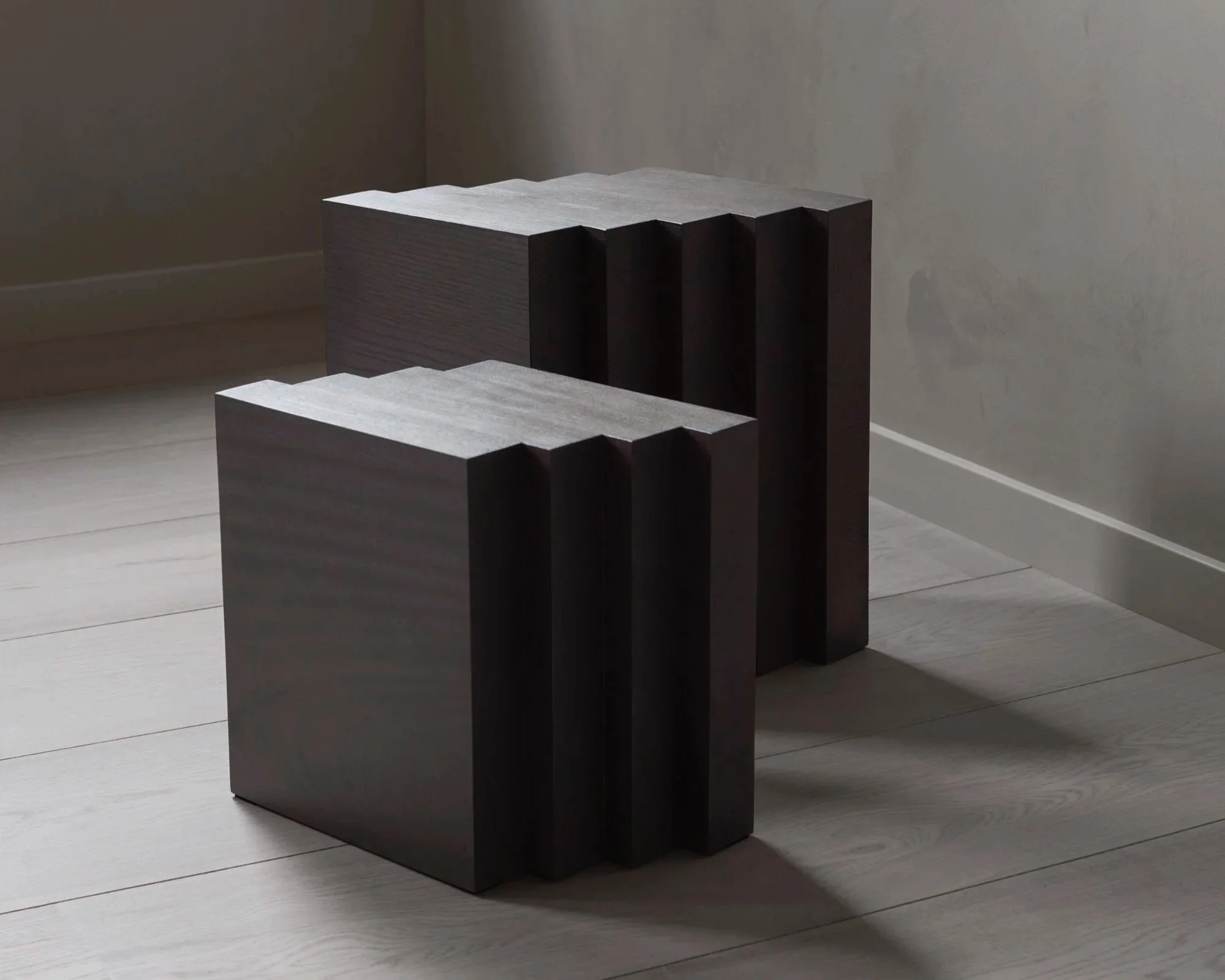Scalae side table by Mokko Amsterdam, architectural solid wood side table handcrafted in the Netherlands for high-end interior projects.