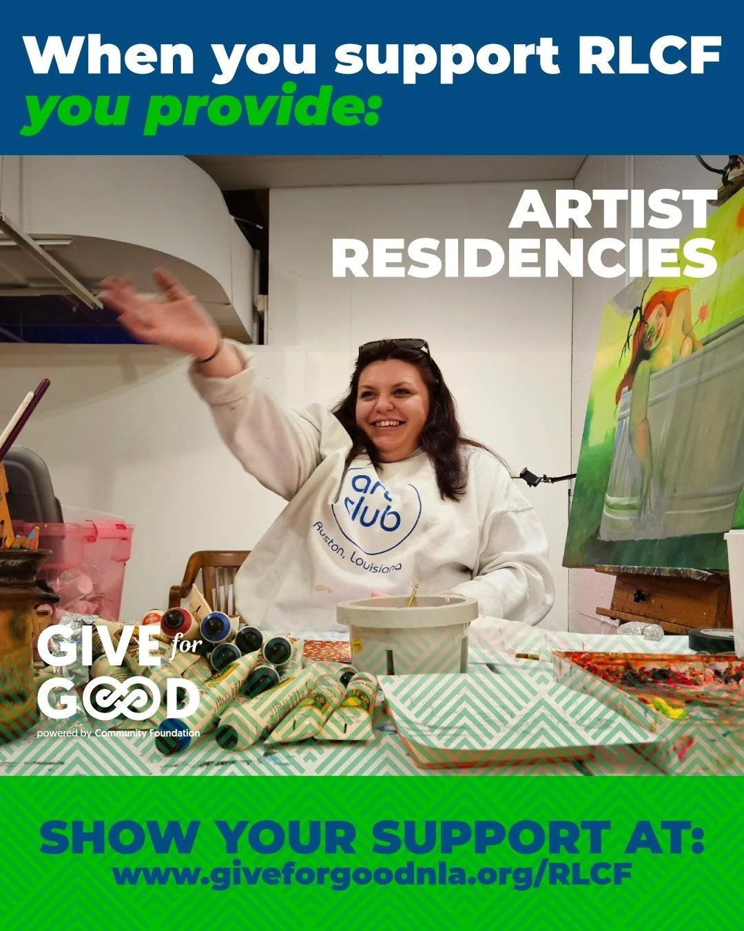 Supporting RLCF means providing a space for artists to deepen their craft and find their community!

Head to giveforgoodnla.org/RLCF  to support RLCF with a tax-deductible, percentage-matched donation through Give for Good!