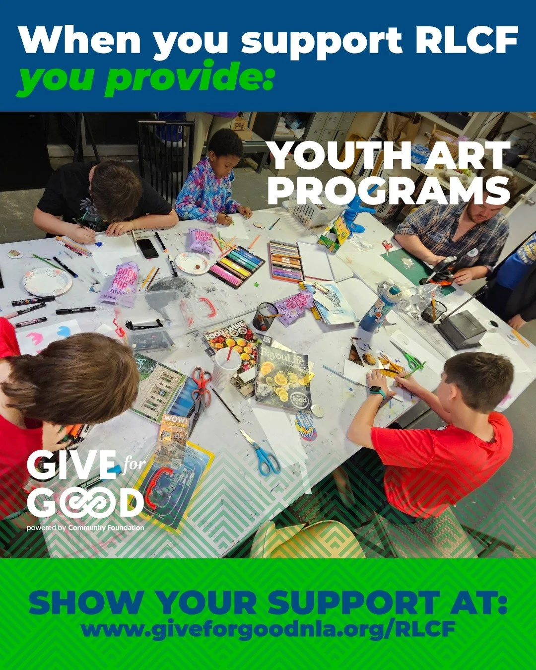 Supporting RLCF means providing students with a real-world connection to creativity and culture!

Head to giveforgoodnla.org/RLCF  to support RLCF with a tax-deductible, percentage-matched donation through Give for Good!