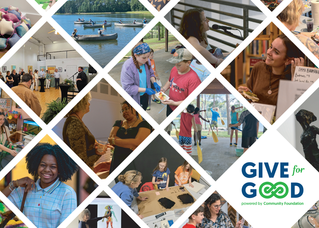 A collage of community activities including people canoeing on a lake, an art gallery opening, children and adults participating in outdoor water activities, and indoor creative projects, with a logo saying 'GIVE for GOOD' powered by Community Foundation.