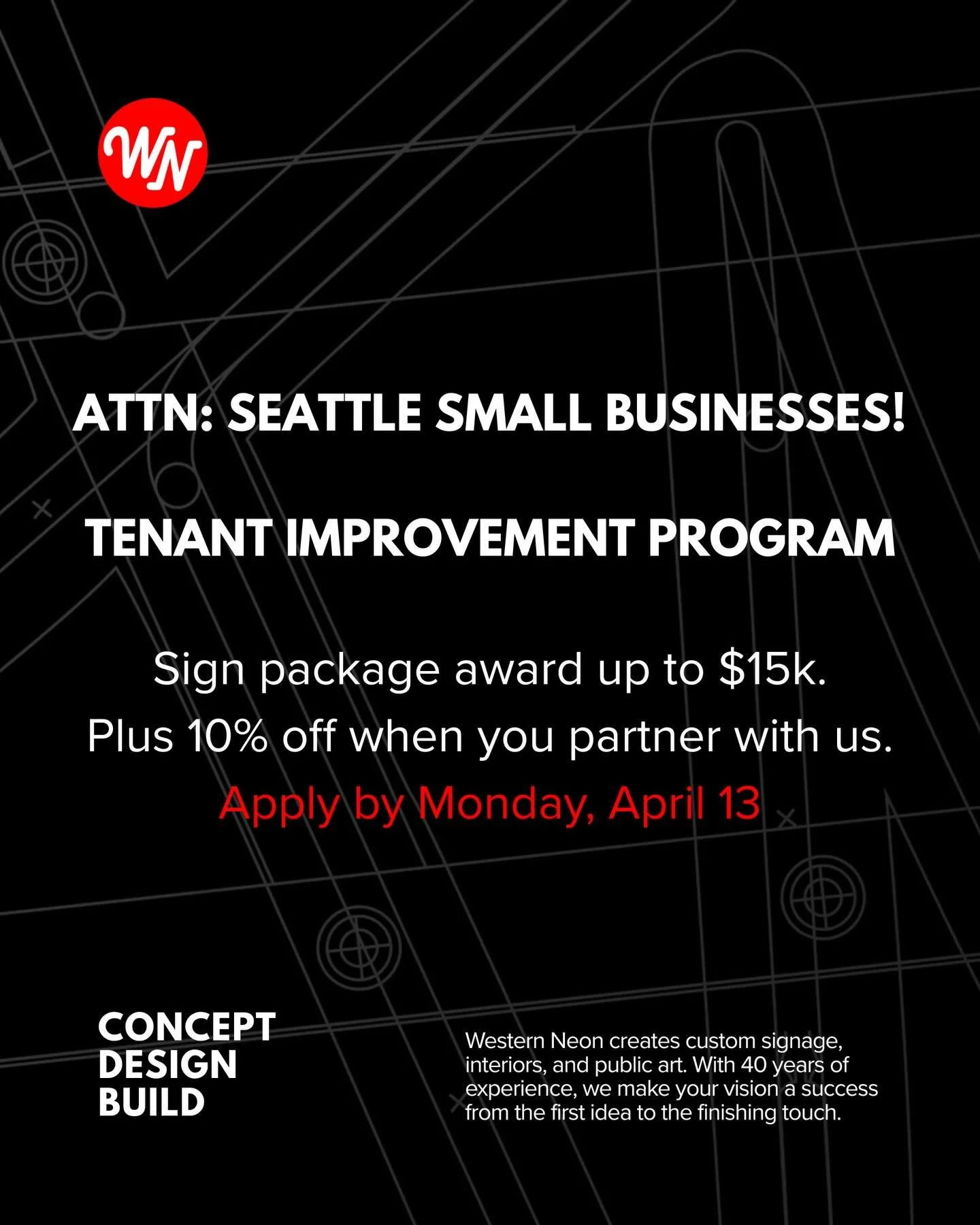 Exciting opportunity for Seattle small businesses!

Get up to $15,000 for new exterior signage through the 2026 Tenant Improvement Program!

Plus, if you go through the grant and partner with Western Neon, you&rsquo;ll get 10% off on us.

Deadline to