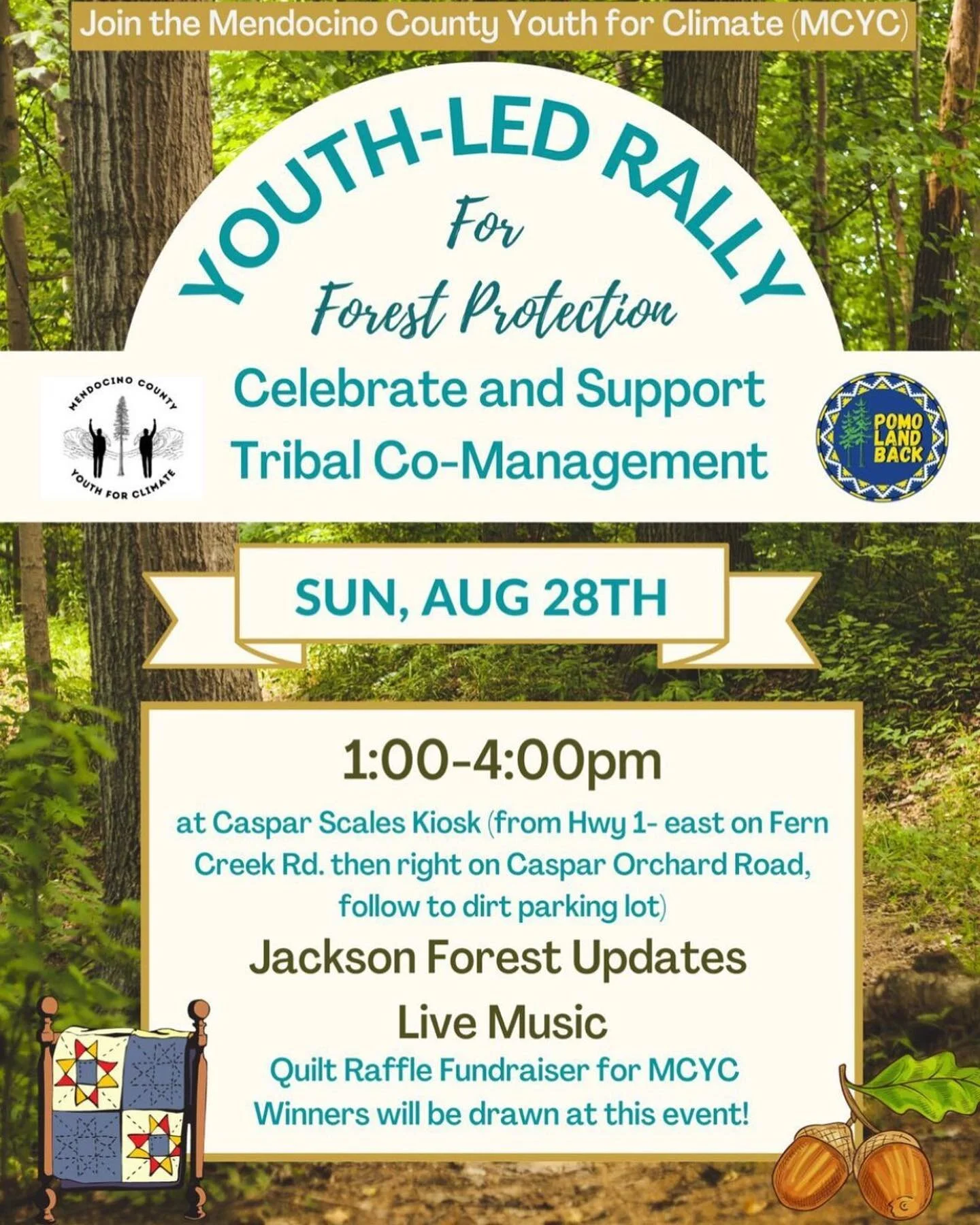 Join the youth of the Coalition to Save Jackson - @the_mcyc at their rally on August 28th at the Caspar Scales lot in JDSF. PM us for directions. 
Quilt raffle! Some amazing local quilt makers have made these two beautiful quilts for the Mendocino C