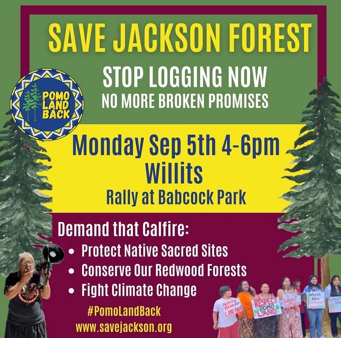 Rally in Willits on Labor Day Mon 9/5
4-6pm at Babcock Park
STOP LOGGING!! THE TIME IS NOW, LOGGING IS HAPPENING
Trees are Falling in Jackson!
Stand for the Forest!
Join us!
Bring signs and your friends!
NO MORE BROKEN PROMISES
Demand that CalFire: