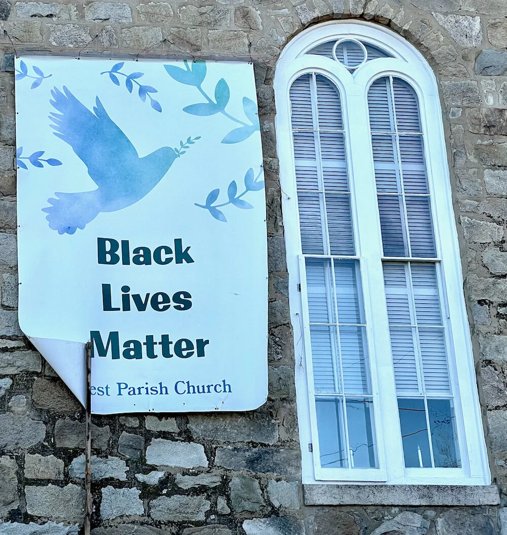 Black Lives Matter banner hanging on West Parish Church